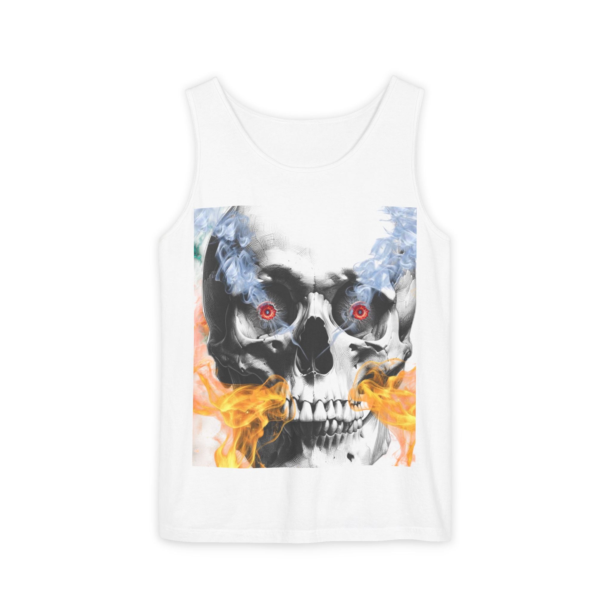 White tank top with a skull and flames design on a white background