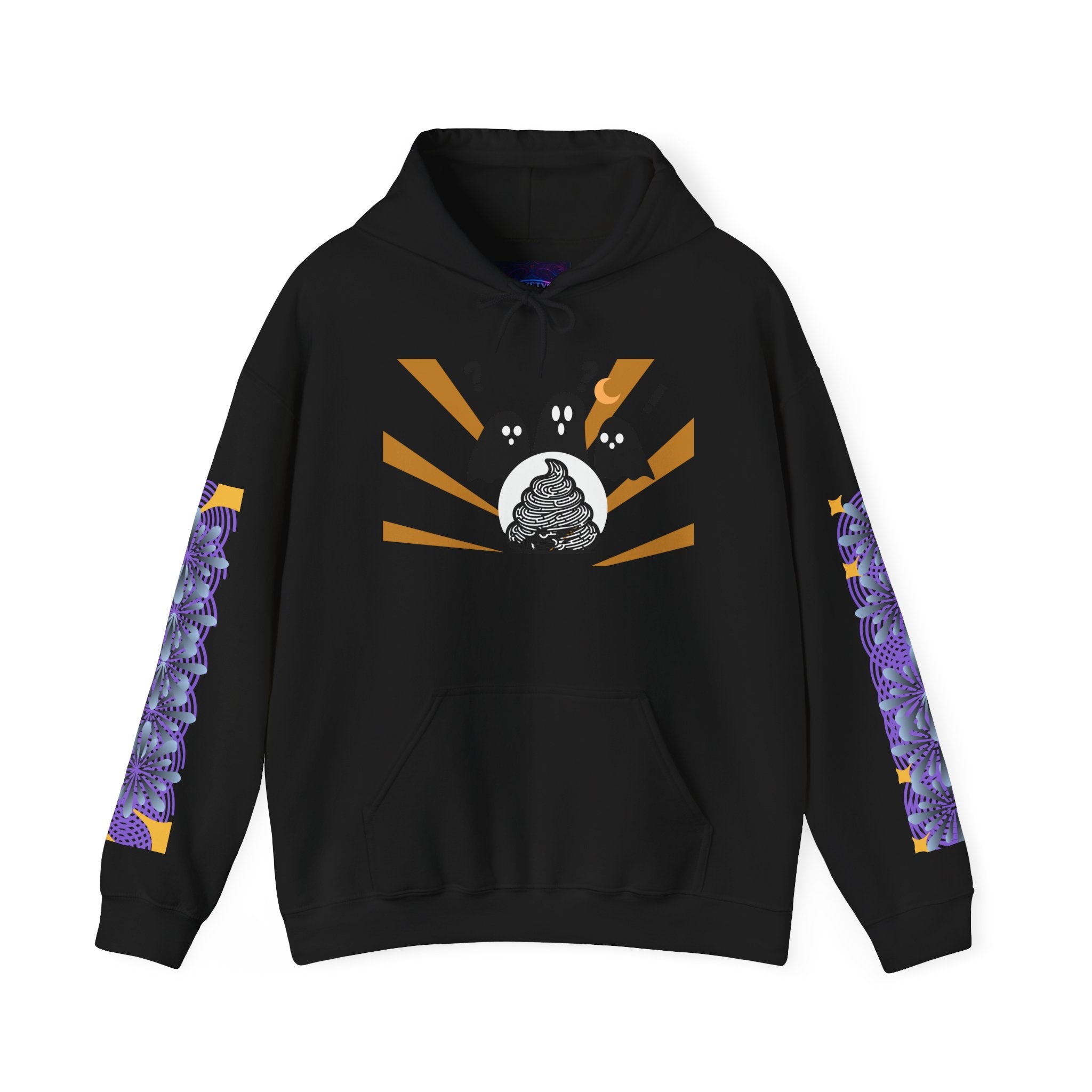 Black hoodie with a unique design on a white background