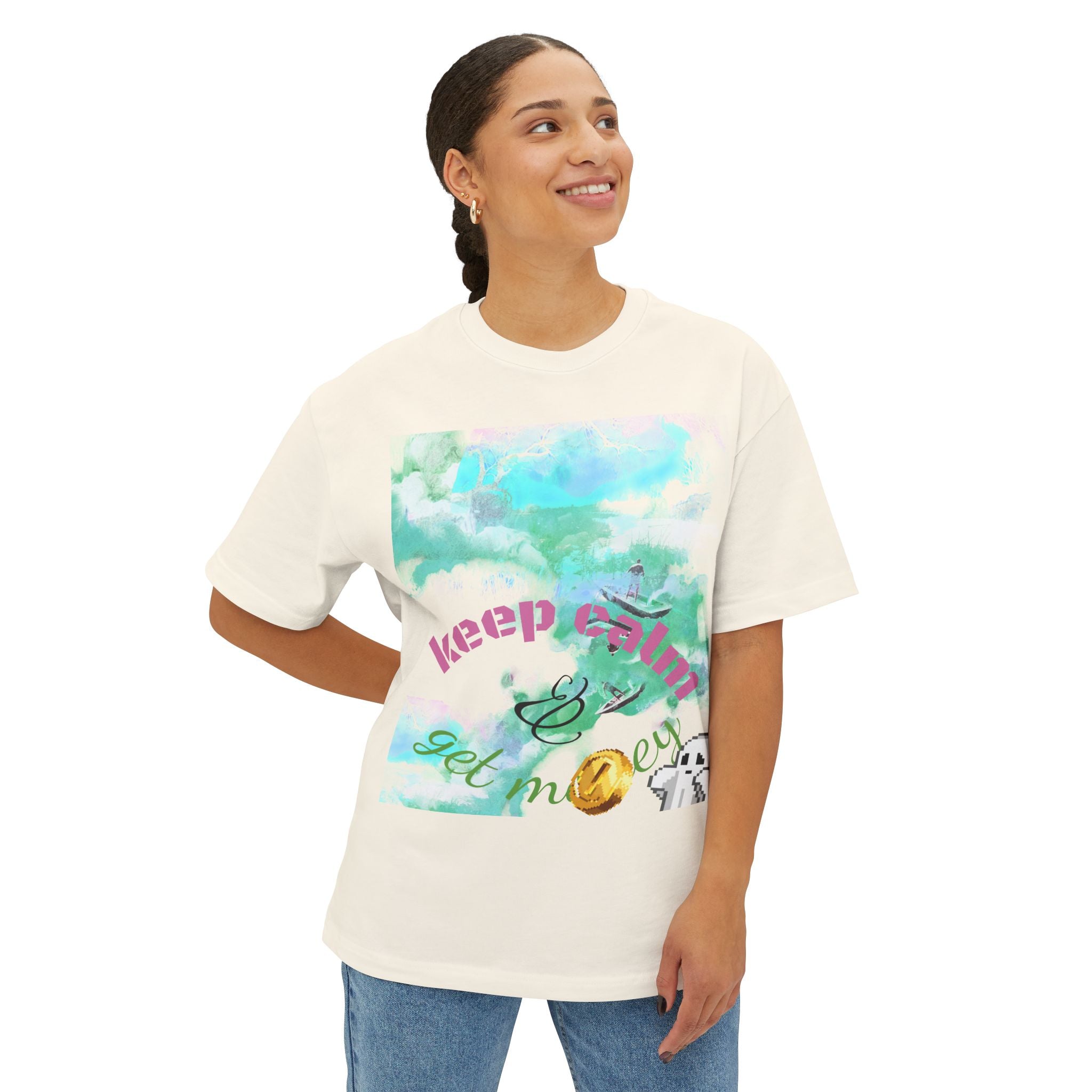 Woman wearing a white t-shirt with colorful graphic and text on a white background