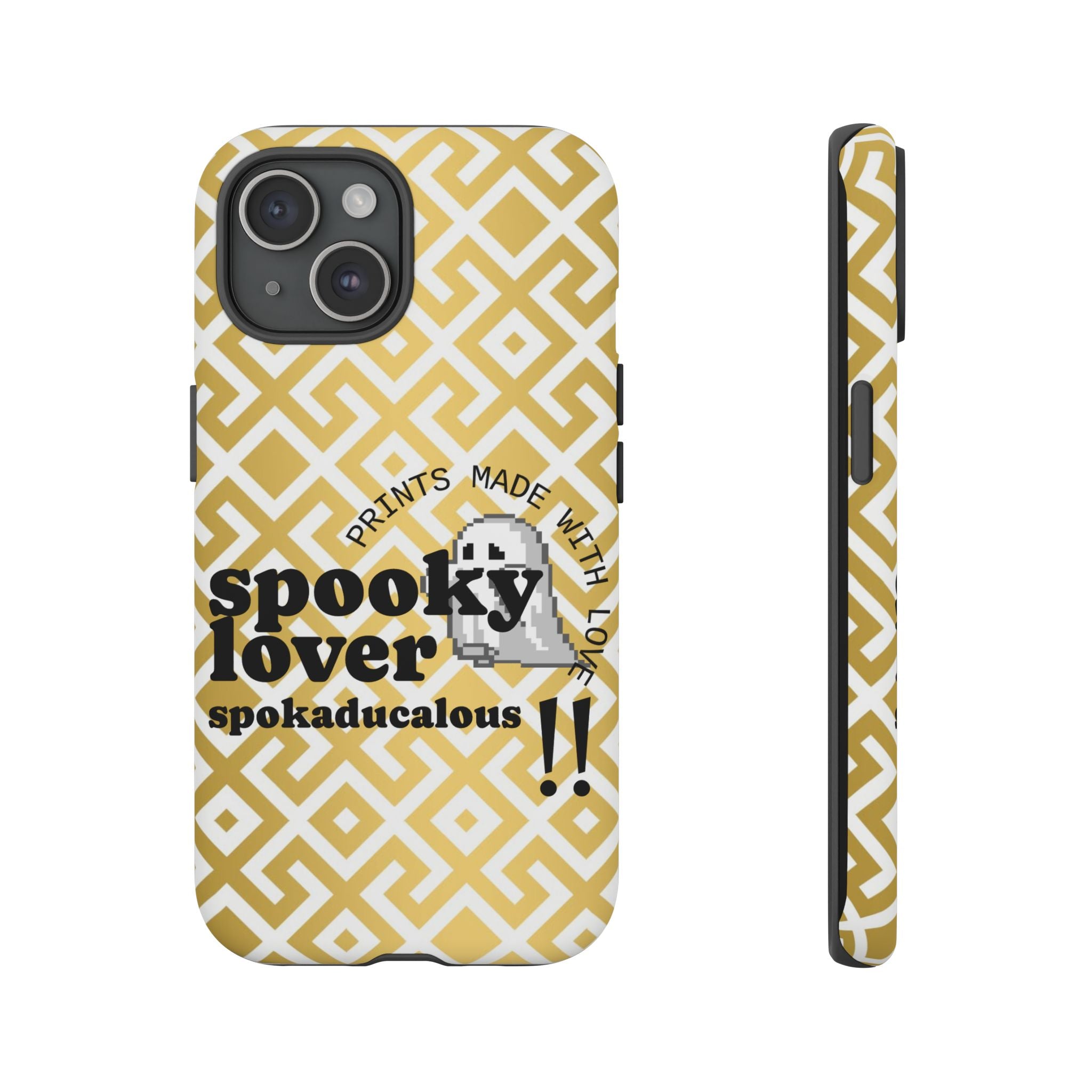 Phone case with 'spooky lover' text and geometric pattern on a yellow background