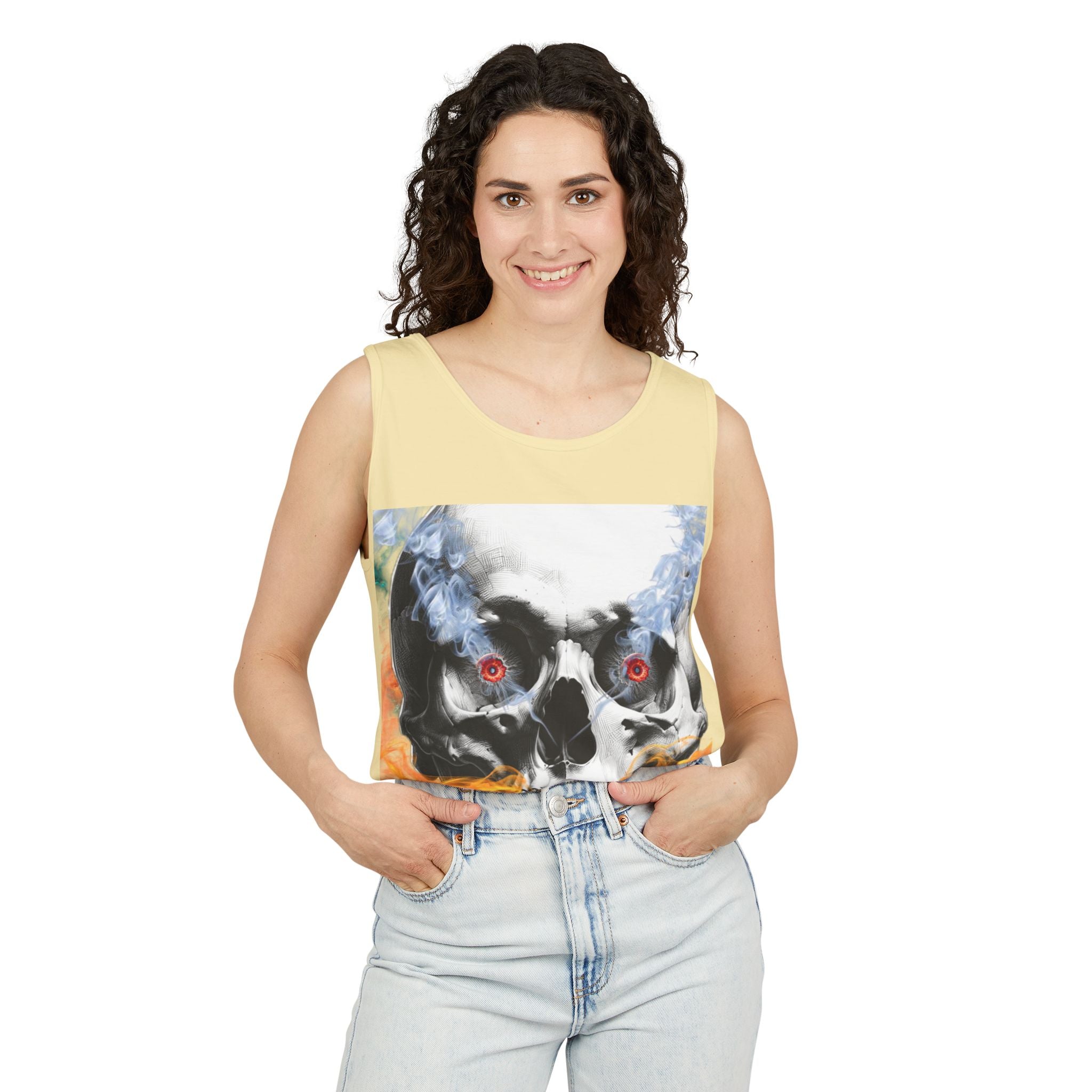 Woman wearing a sleeveless top with a graphic design on a white background