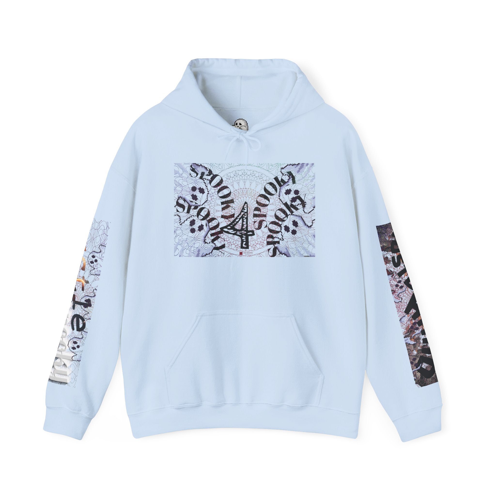 Light blue hoodie with graphic designs on sleeves and front on a white background