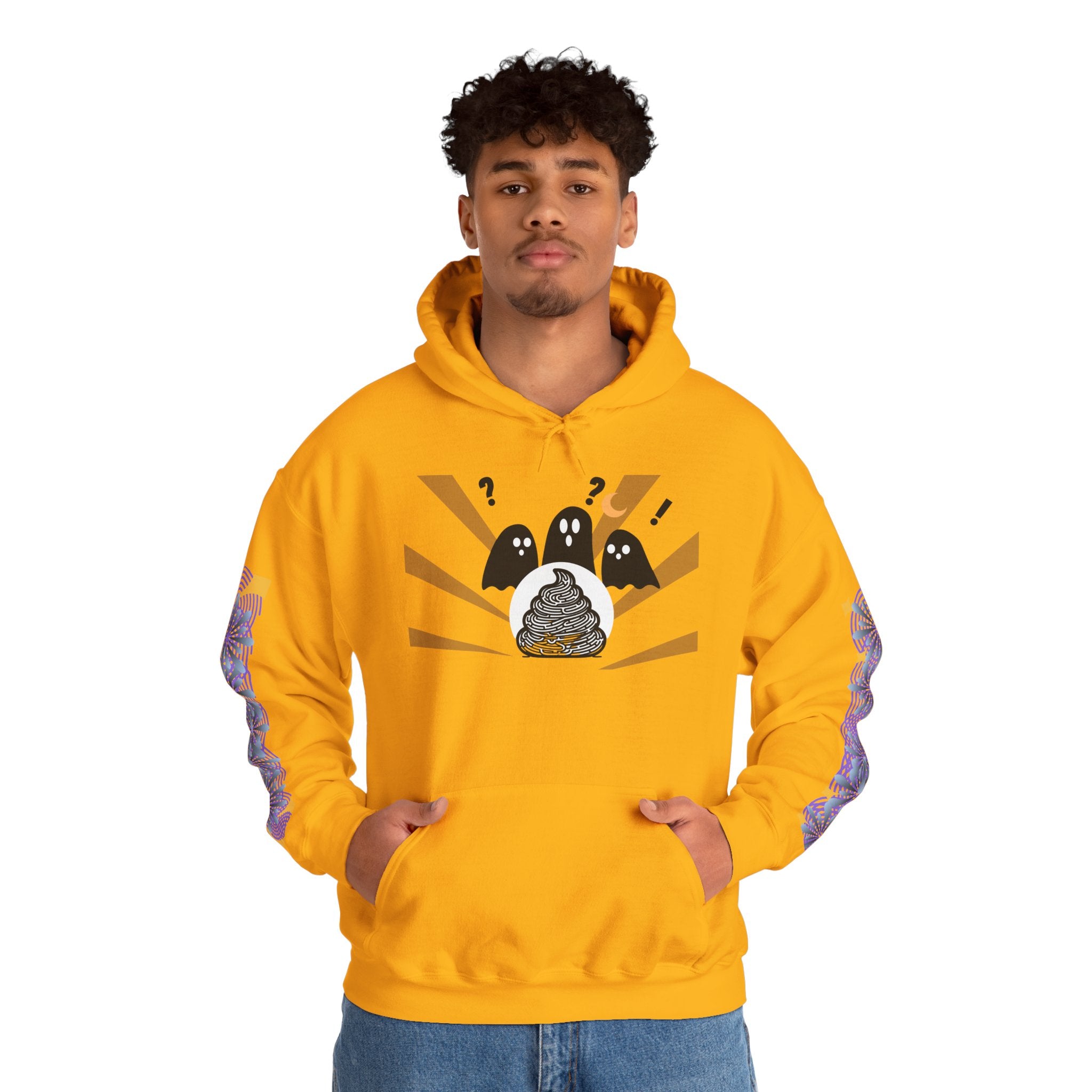 Person wearing a yellow hoodie with a graphic design on a white background