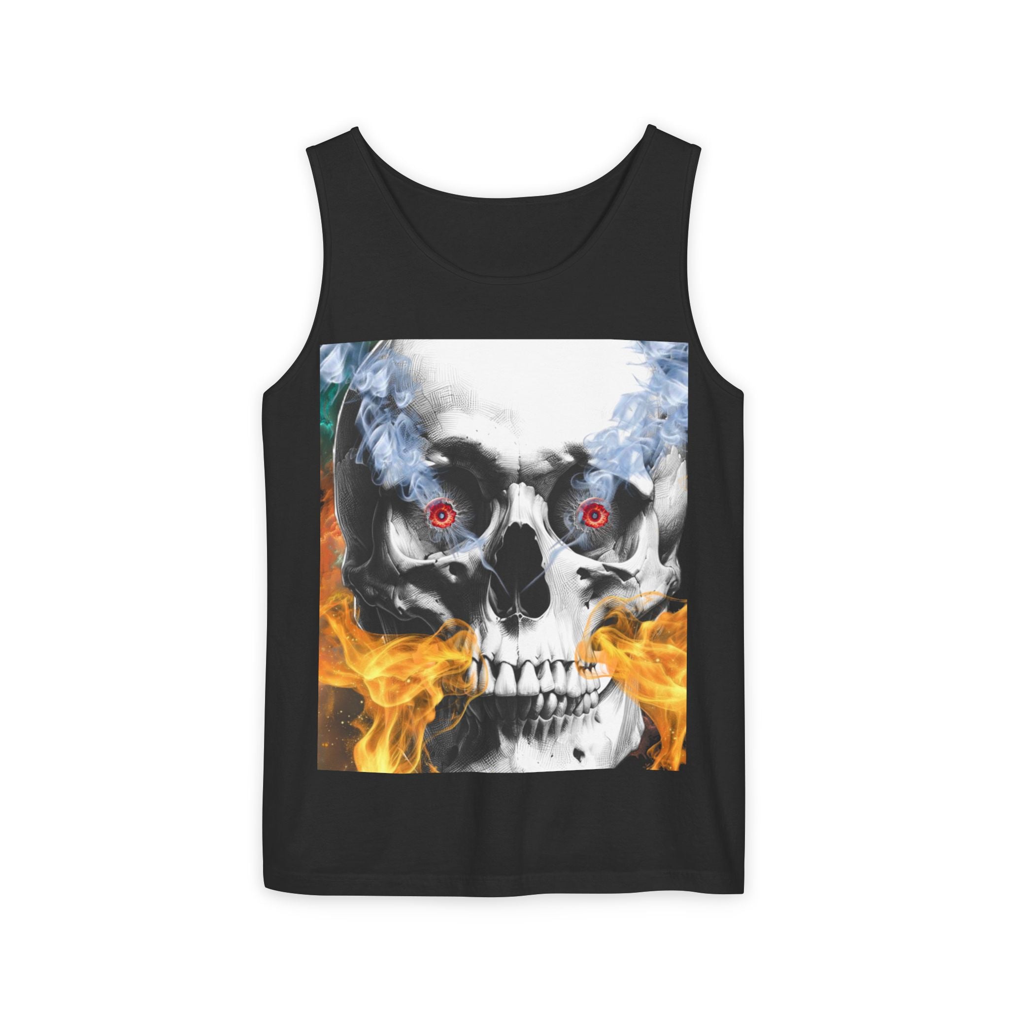 Black tank top with a skull design featuring flames and red eyes on a white background