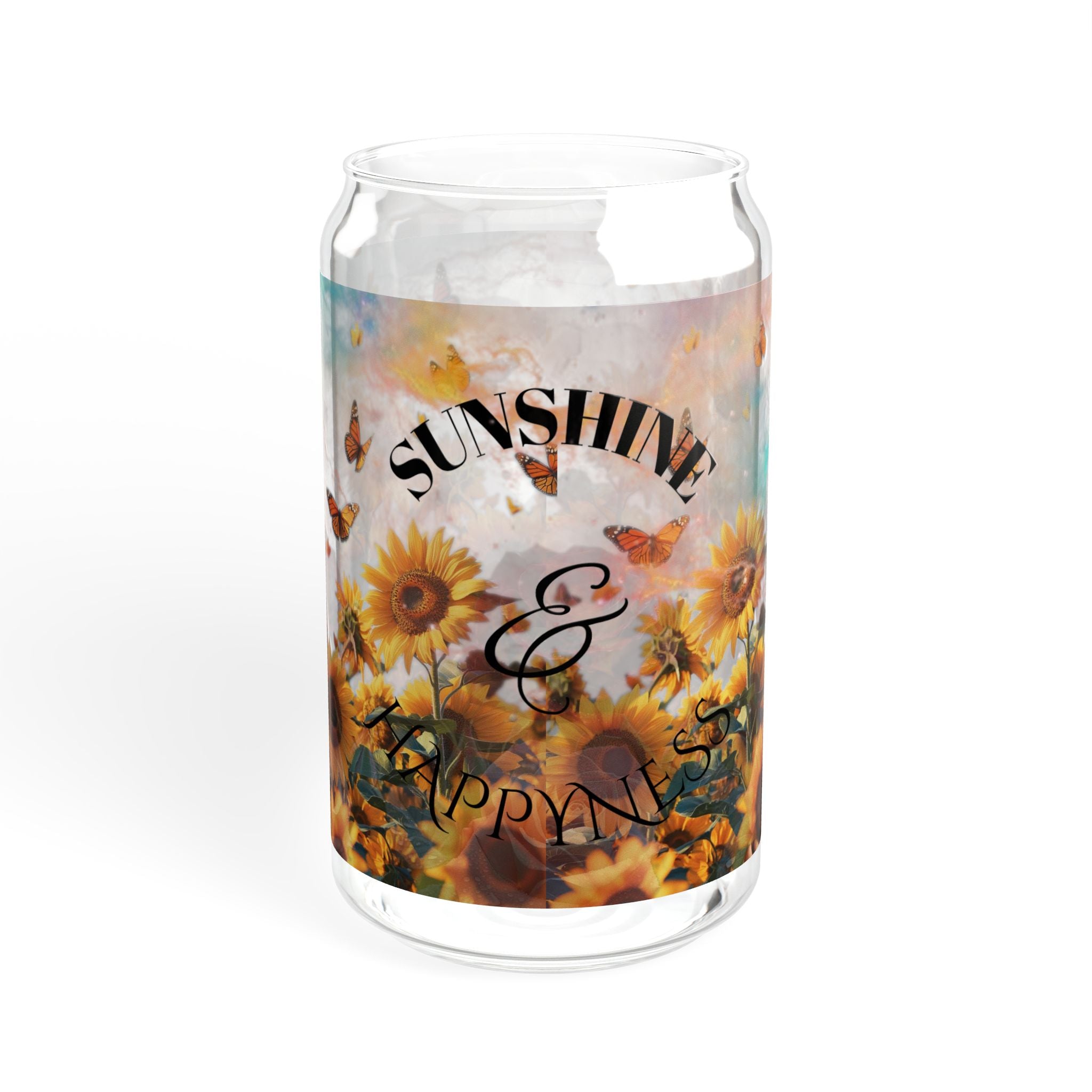 Clear glass candle holder with sunflower design and 'Sunshine & Happiness' text on a white background