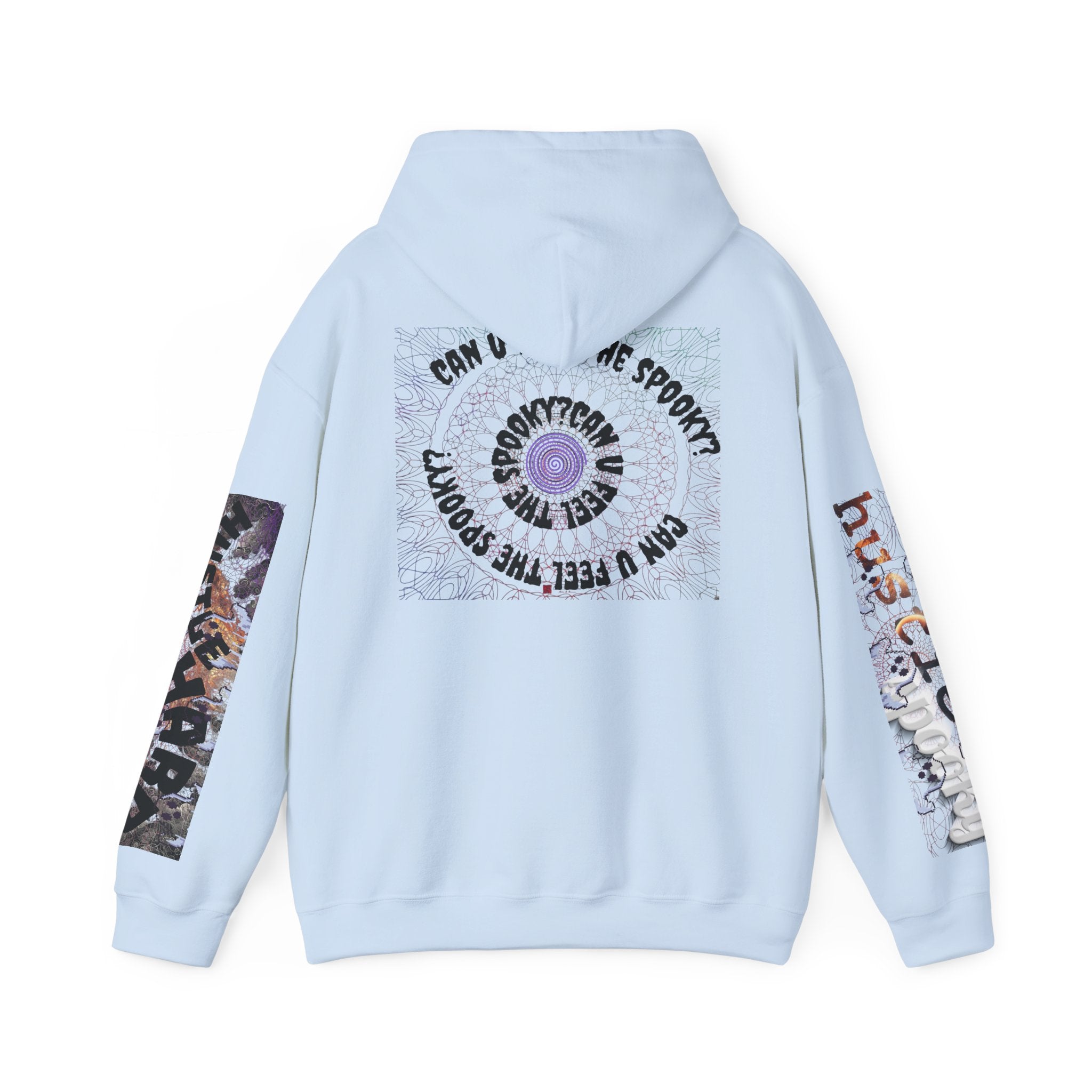 Light blue hoodie with graphic designs on sleeves and back on a white background