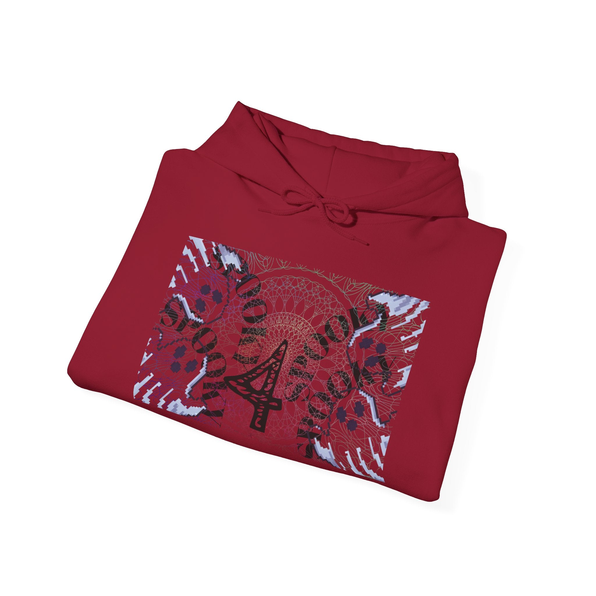 Folded red hoodie with graphic design on a white background