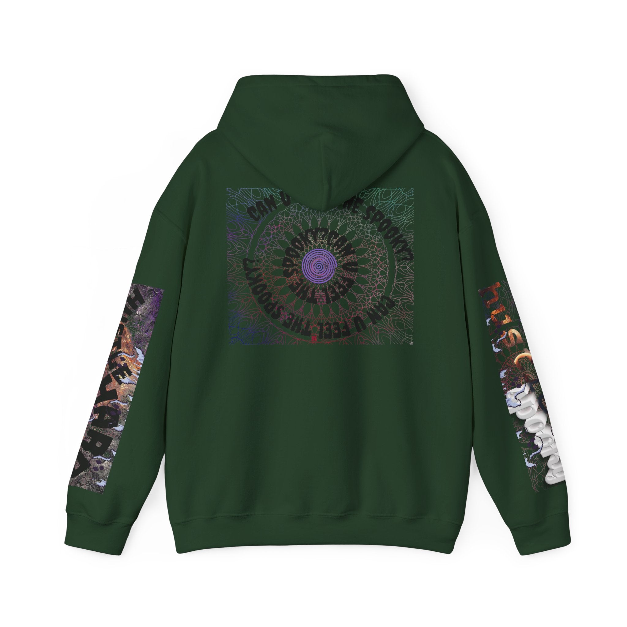 Green hoodie with colorful designs on sleeves and back on a white background