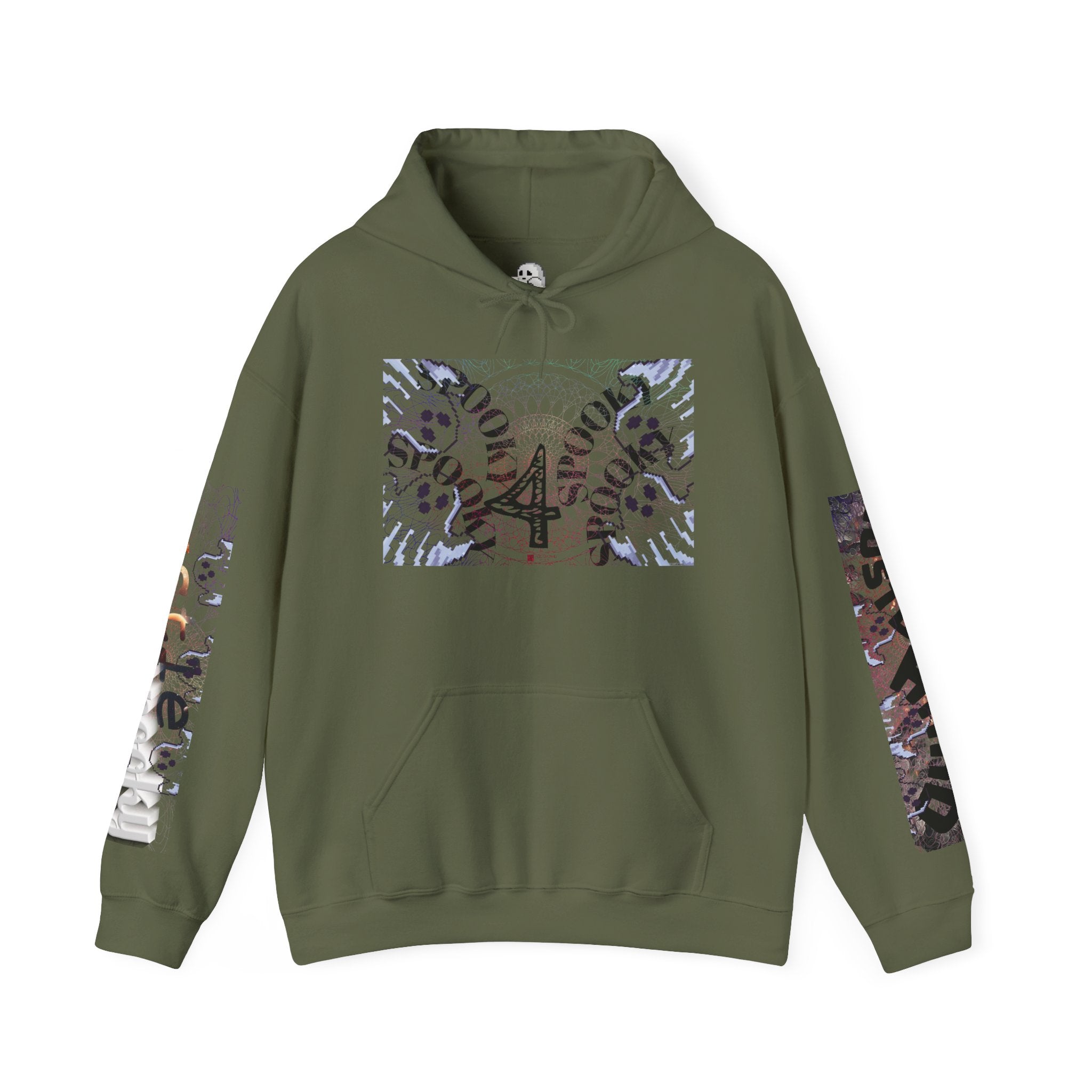 Green hoodie with sequin design on a white background
