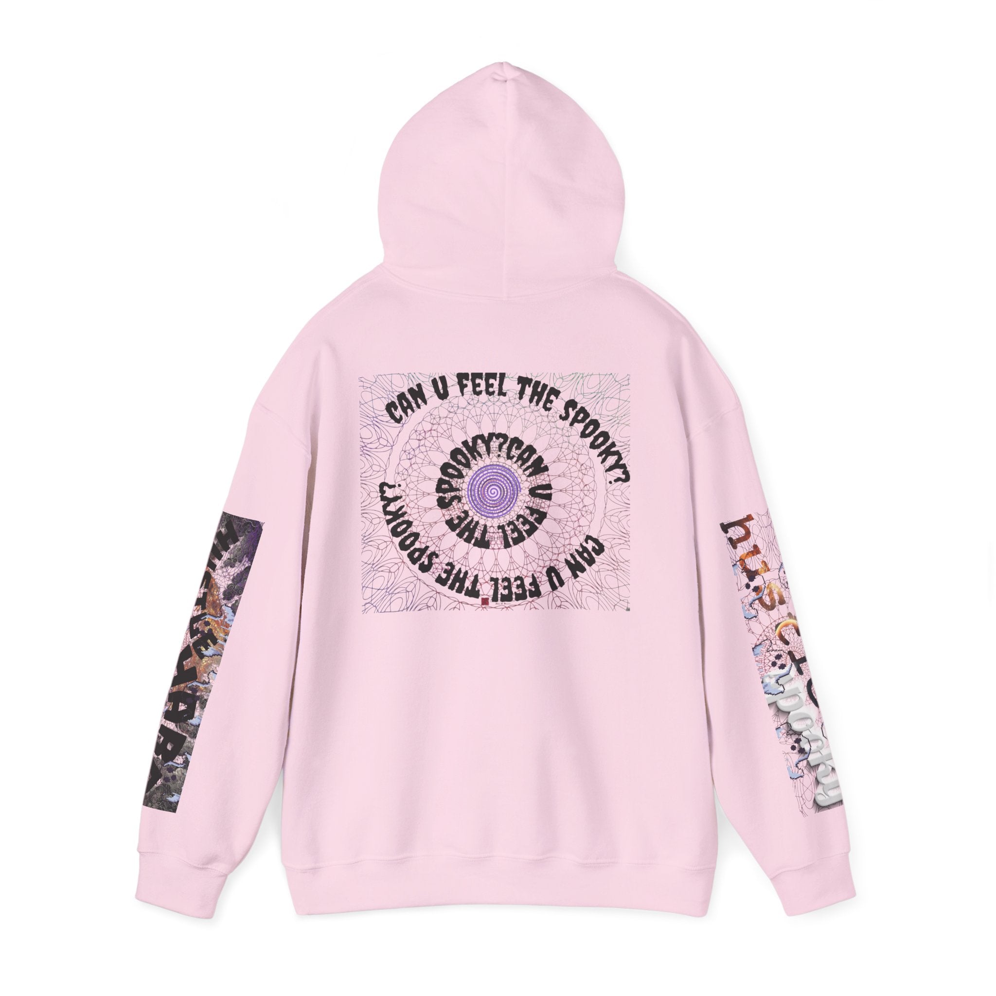 Pink hoodie with graphic design on the back on a white background