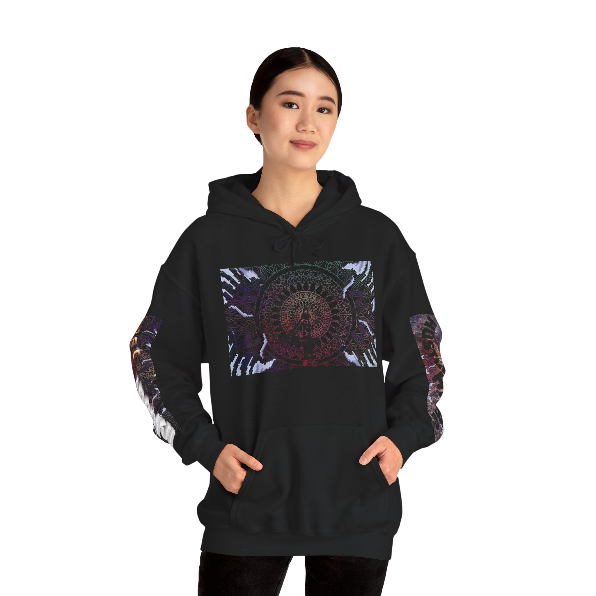 Person wearing a black hoodie with a colorful design on a white background