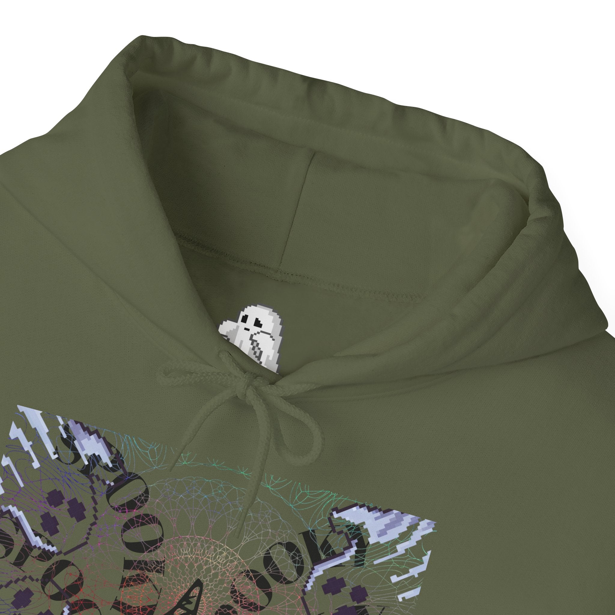 Green hoodie with a ghost design on the hood against a white background