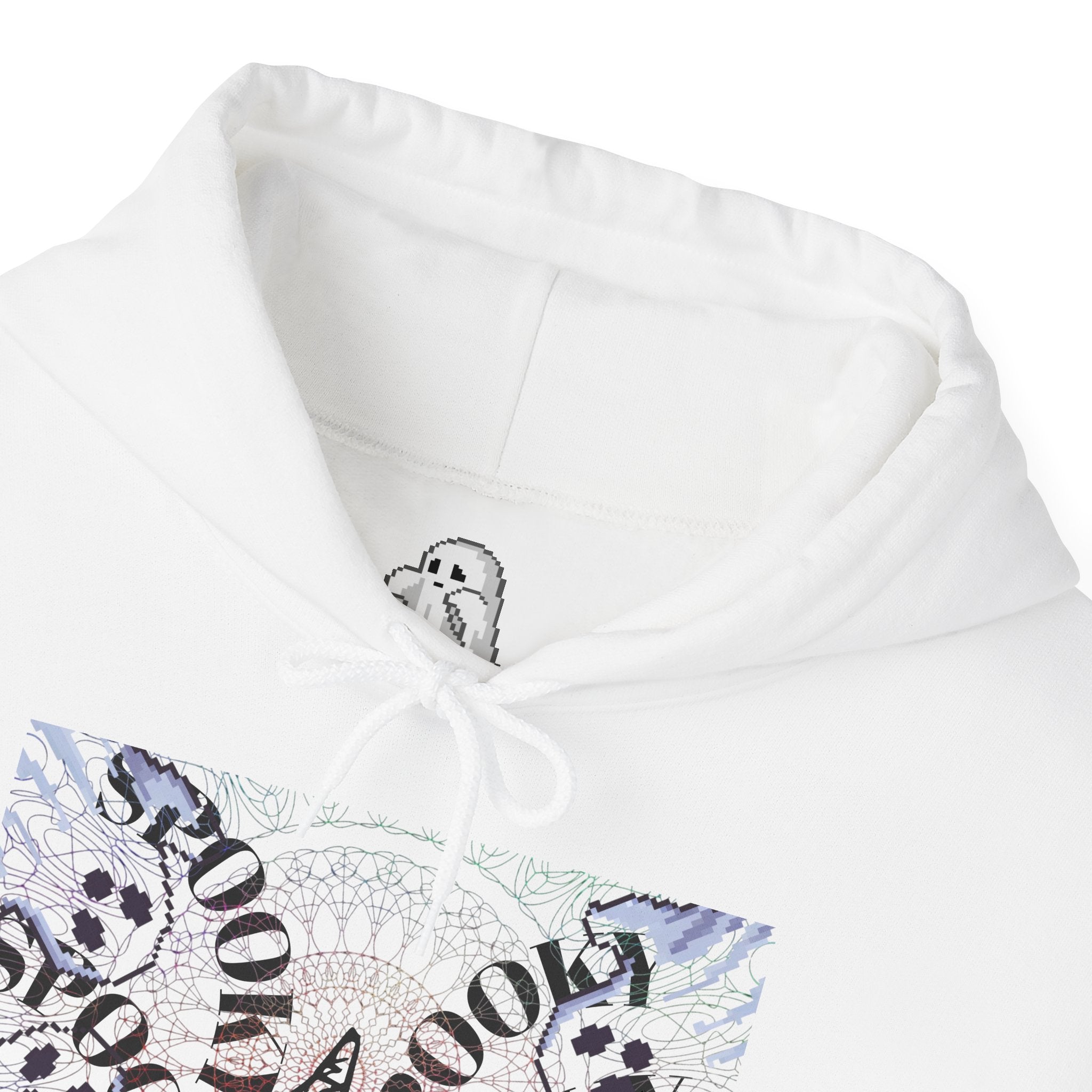 White hoodie with a graphic design on the chest