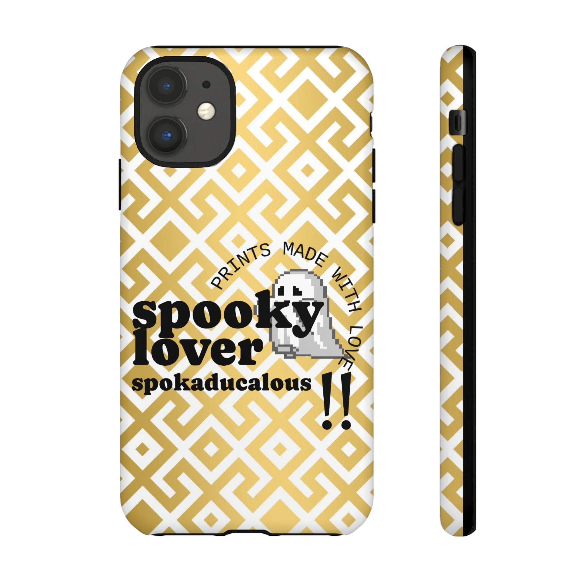 Phone case with geometric pattern and text 'spooky lover spokaducalous' on a yellow and white background