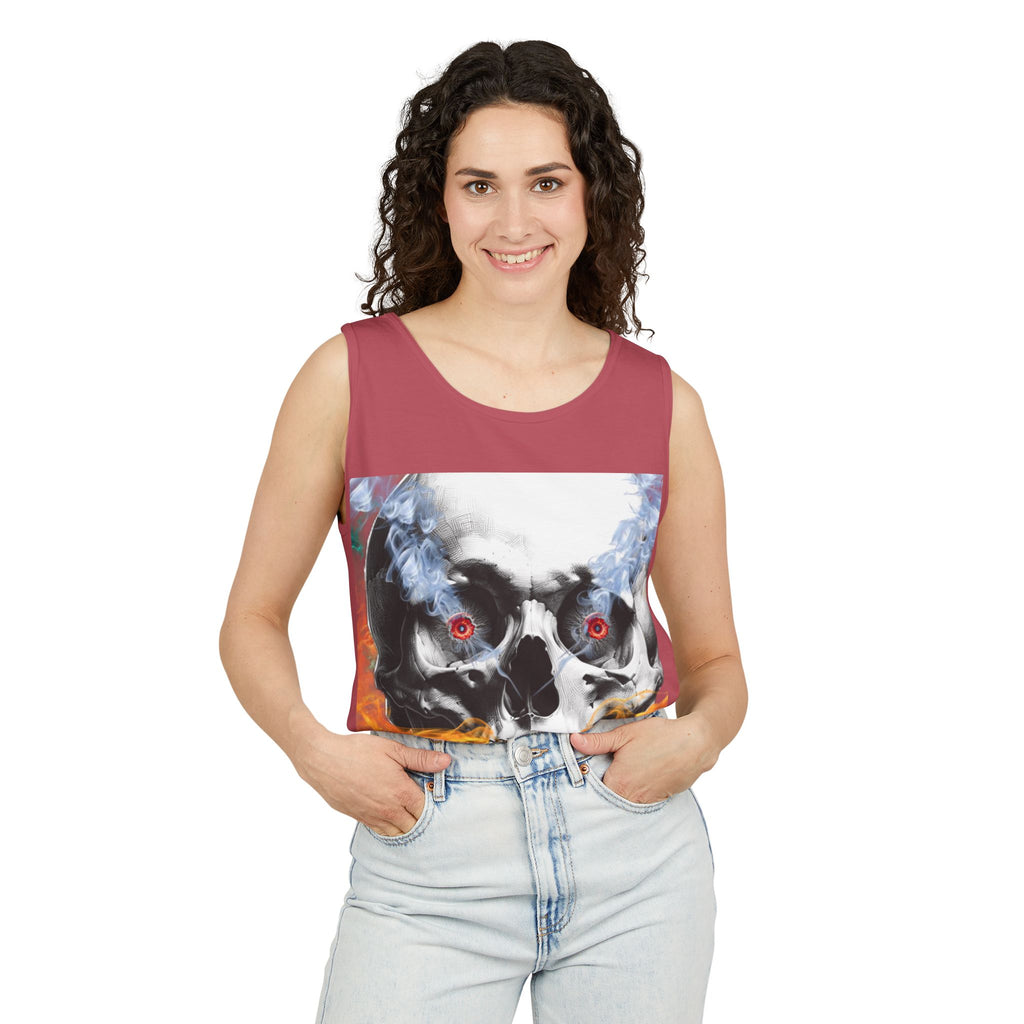 Woman wearing a sleeveless top with a graphic design on a white background