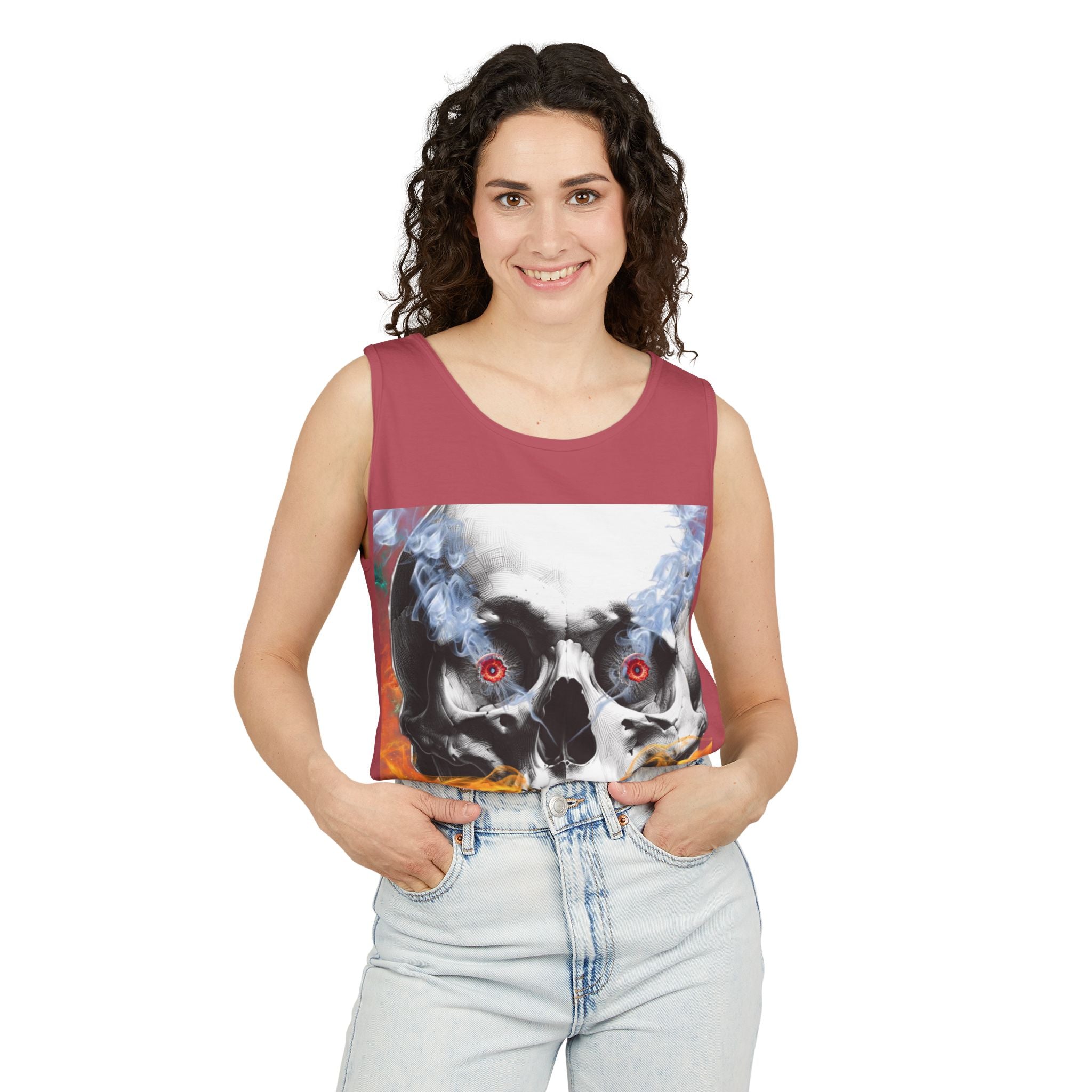 Woman wearing a sleeveless top with a graphic design on a white background