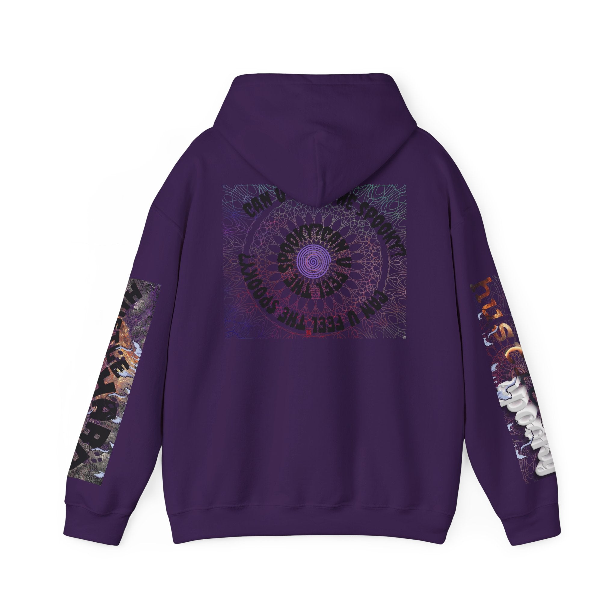 Purple hoodie with a mandala design on the back and colorful sleeves on a white background