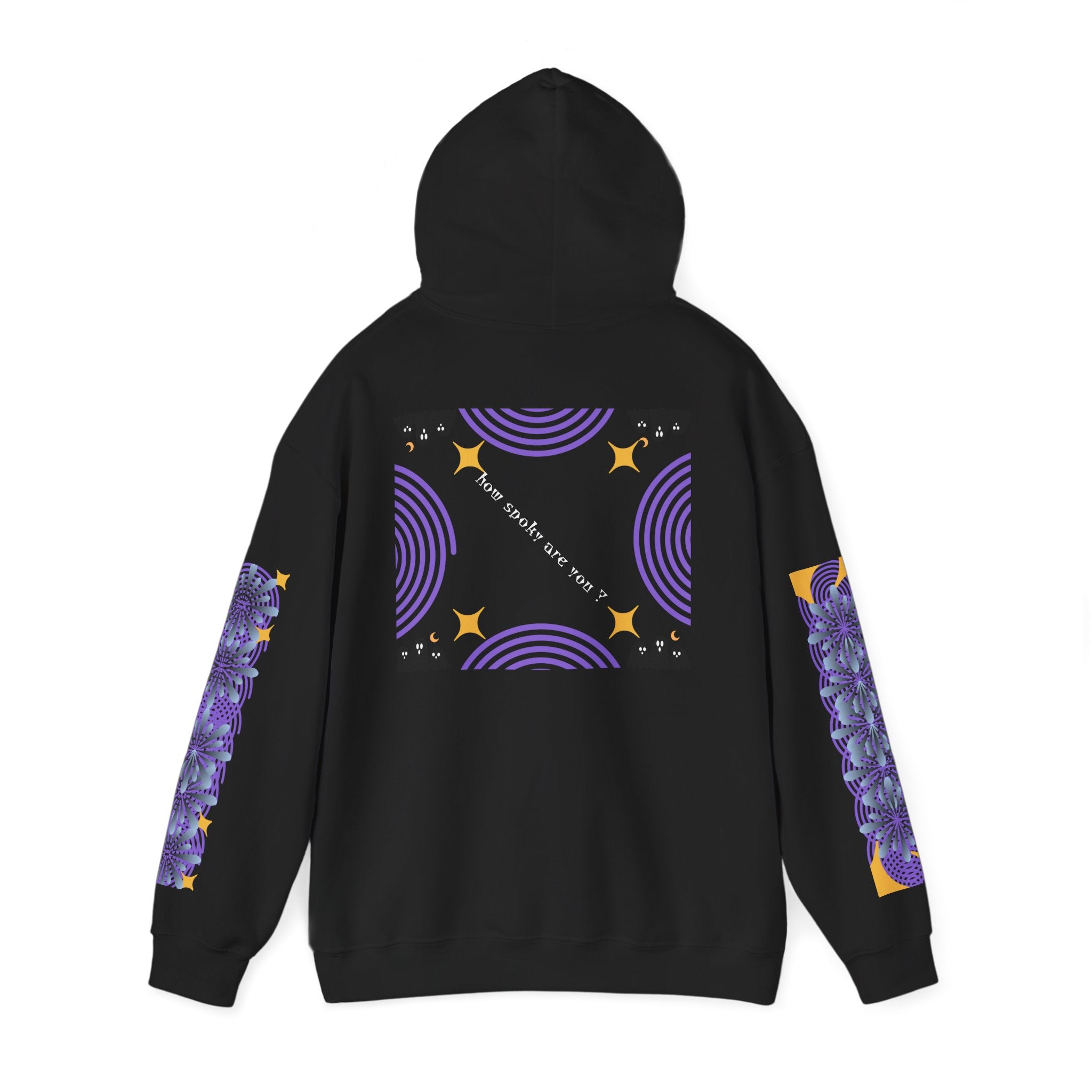 Black hoodie with purple and yellow designs on a white background