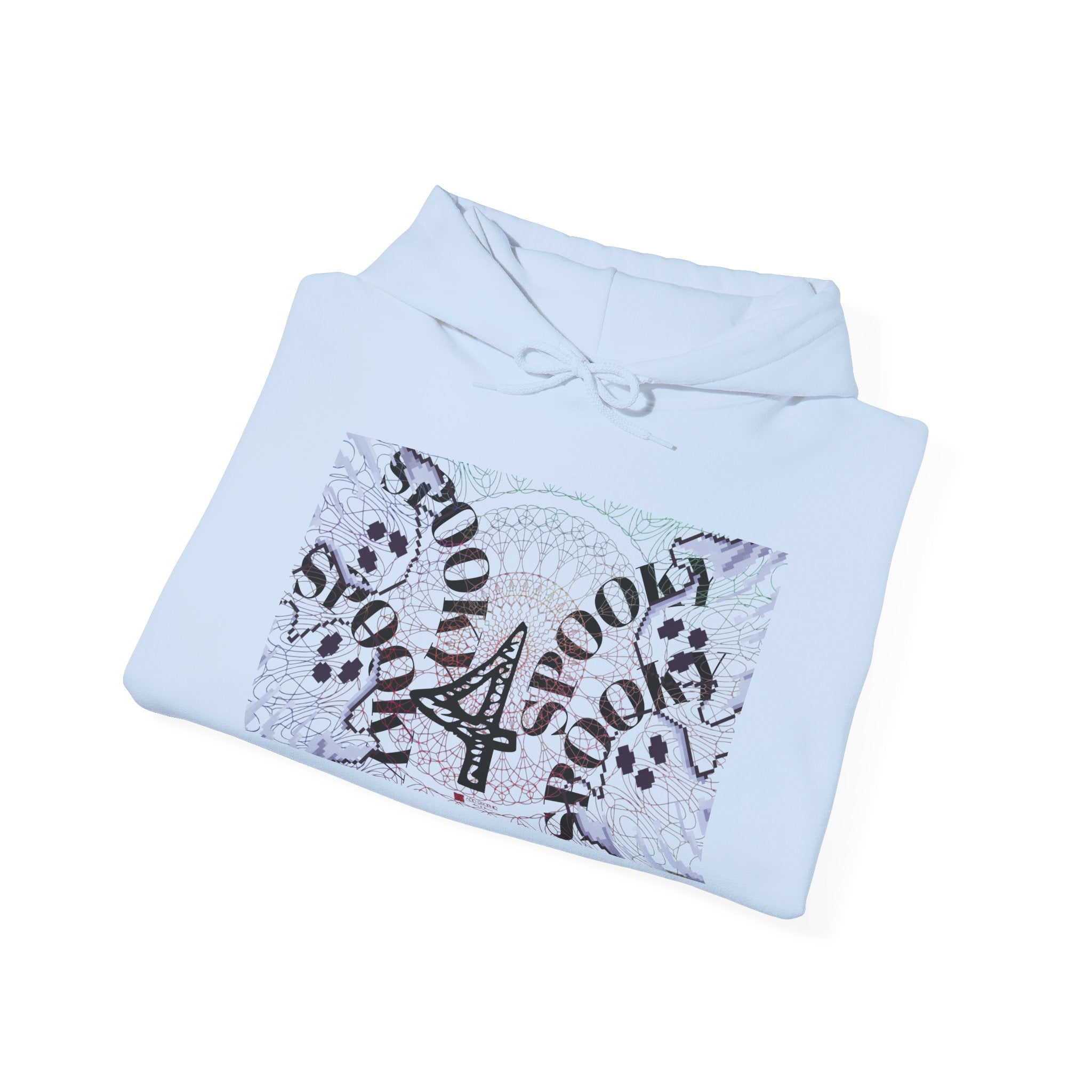 Light blue hoodie with lace design and text on a white background
