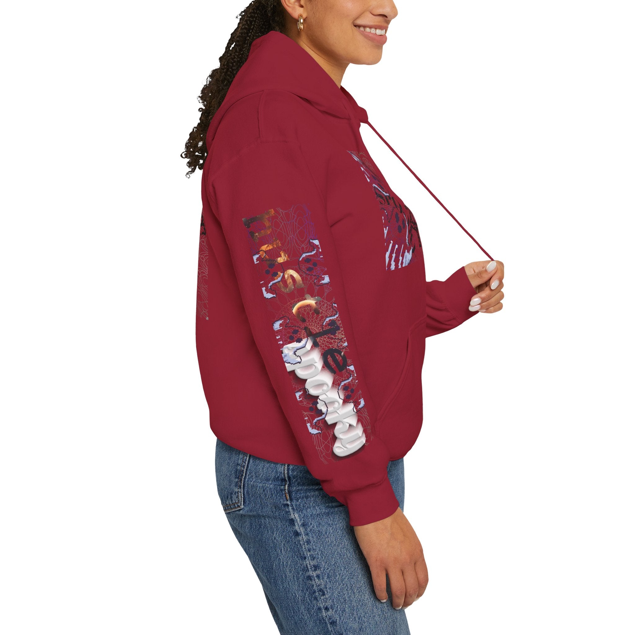 Person wearing a red hoodie with graphic designs on a white background
