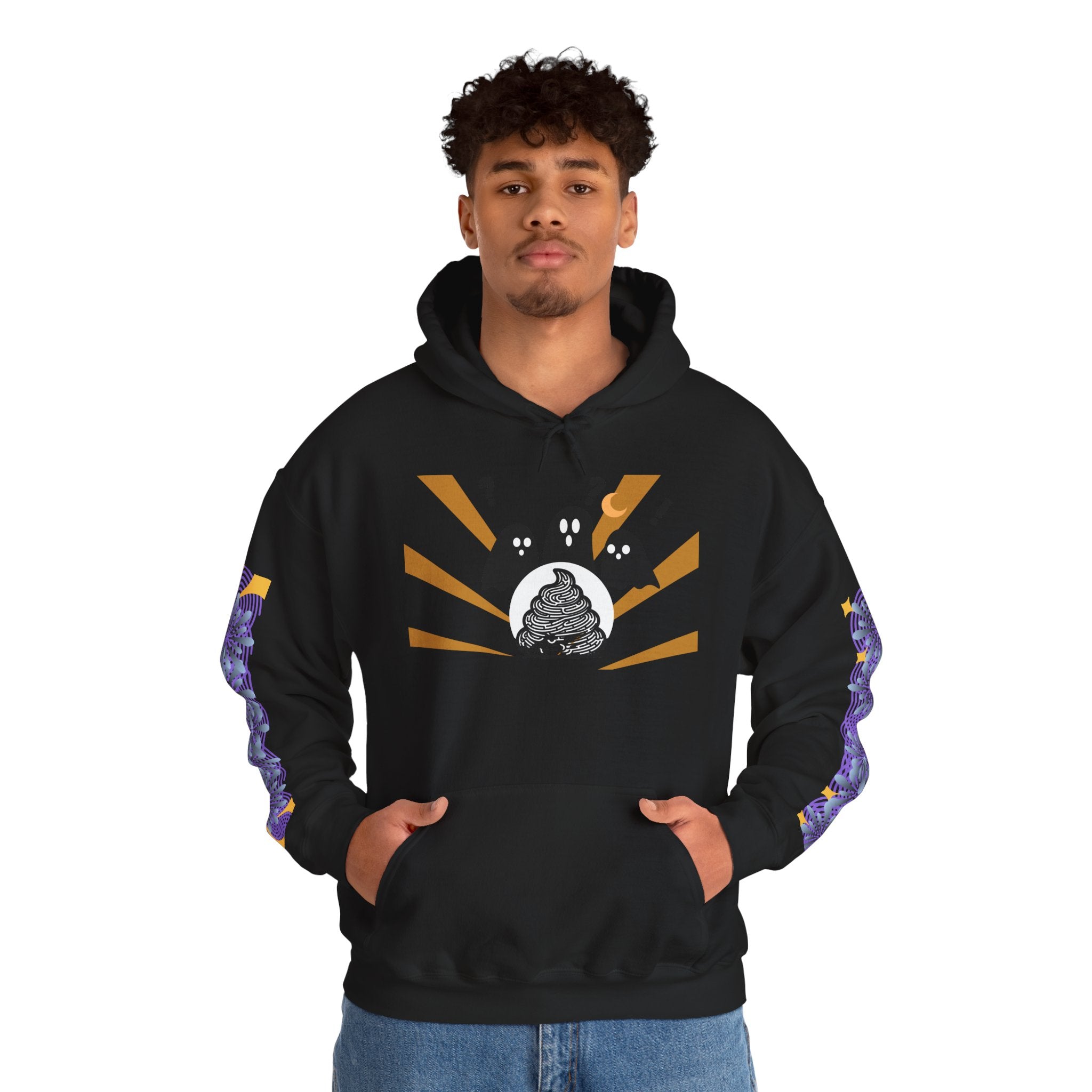 Person wearing a black hoodie with a graphic design on a white background