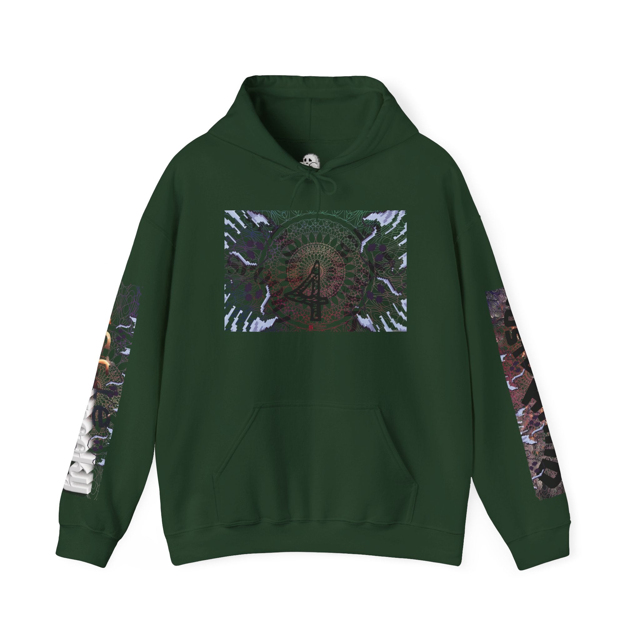 Green hoodie with a colorful graphic on the chest and sleeves against a white background