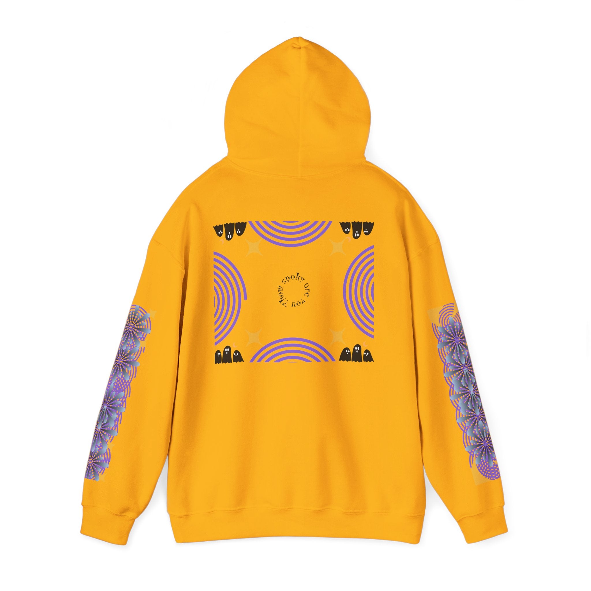 Yellow hoodie with colorful designs on sleeves and back against a white background