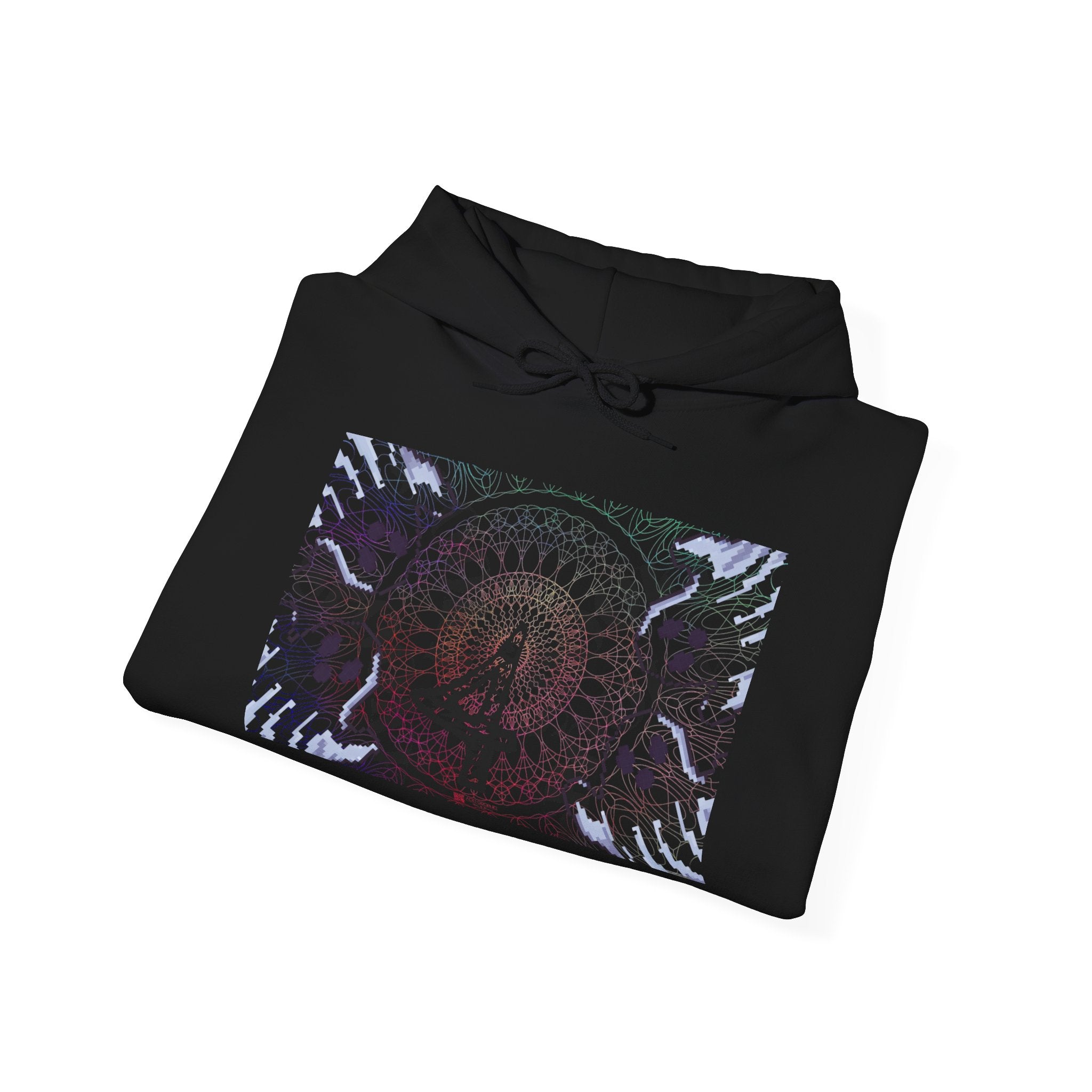 Black hoodie with a colorful mandala design on a white background