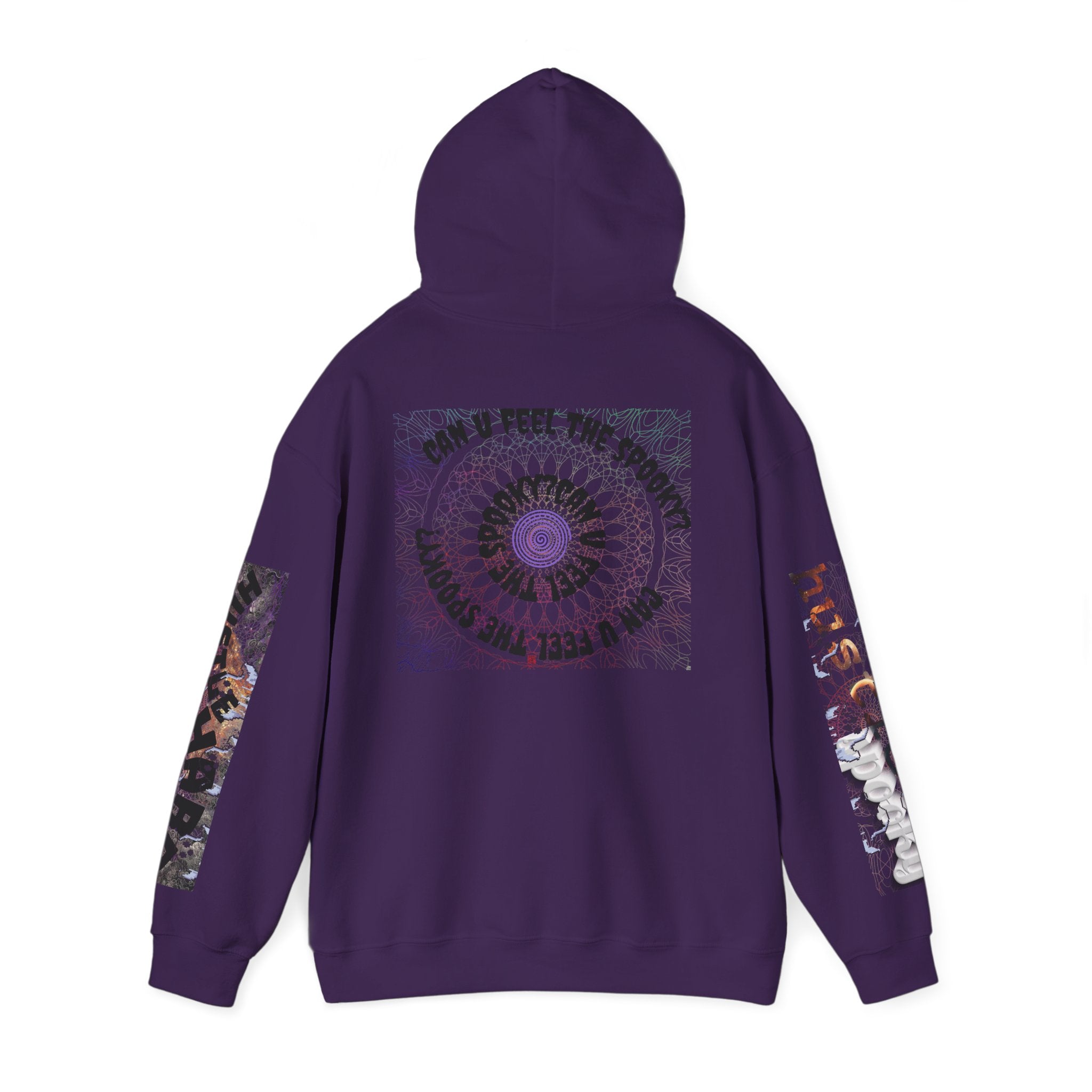Purple hoodie with mandala design on the back and colorful sleeves on a white background