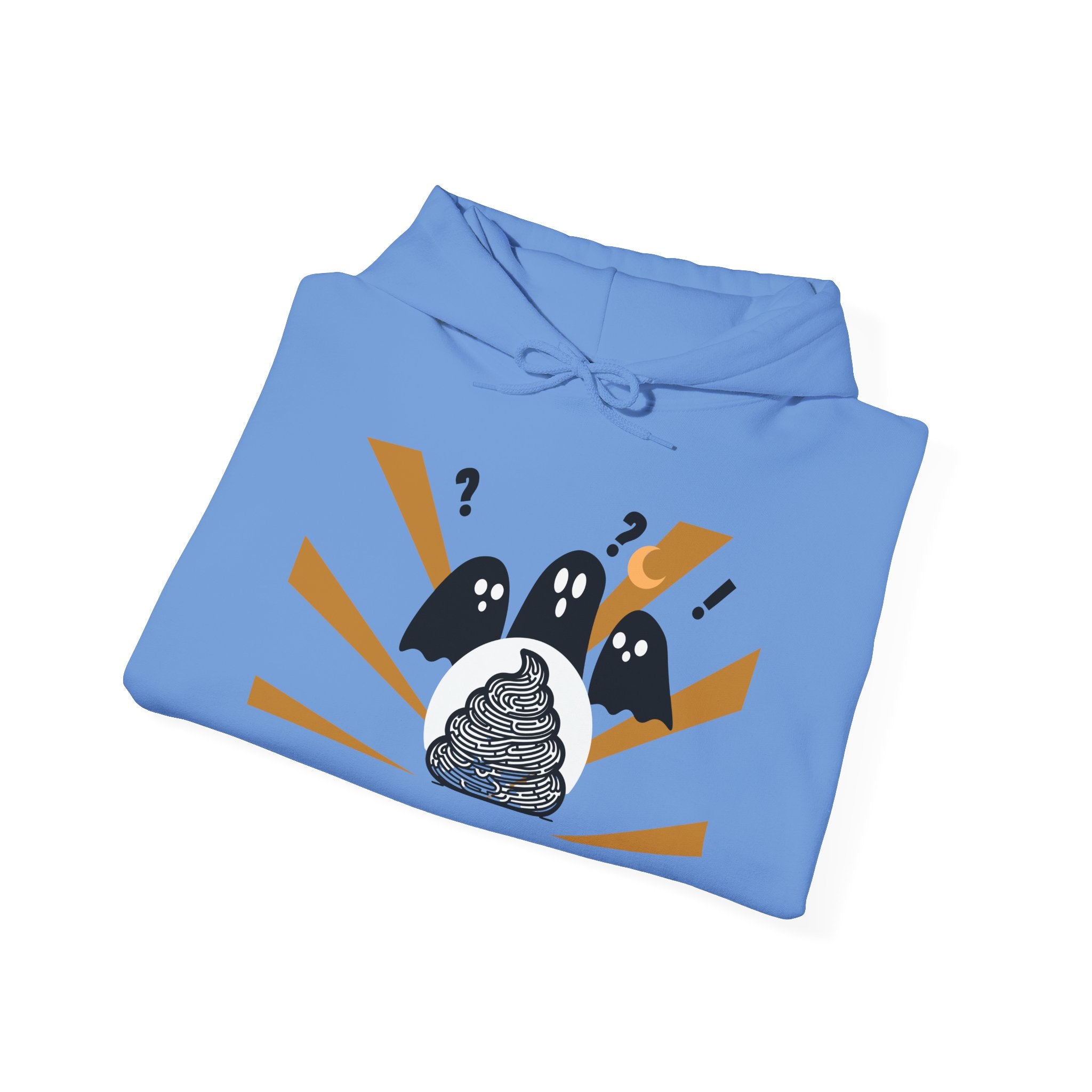 Folded blue hoodie with a graphic design on a white background