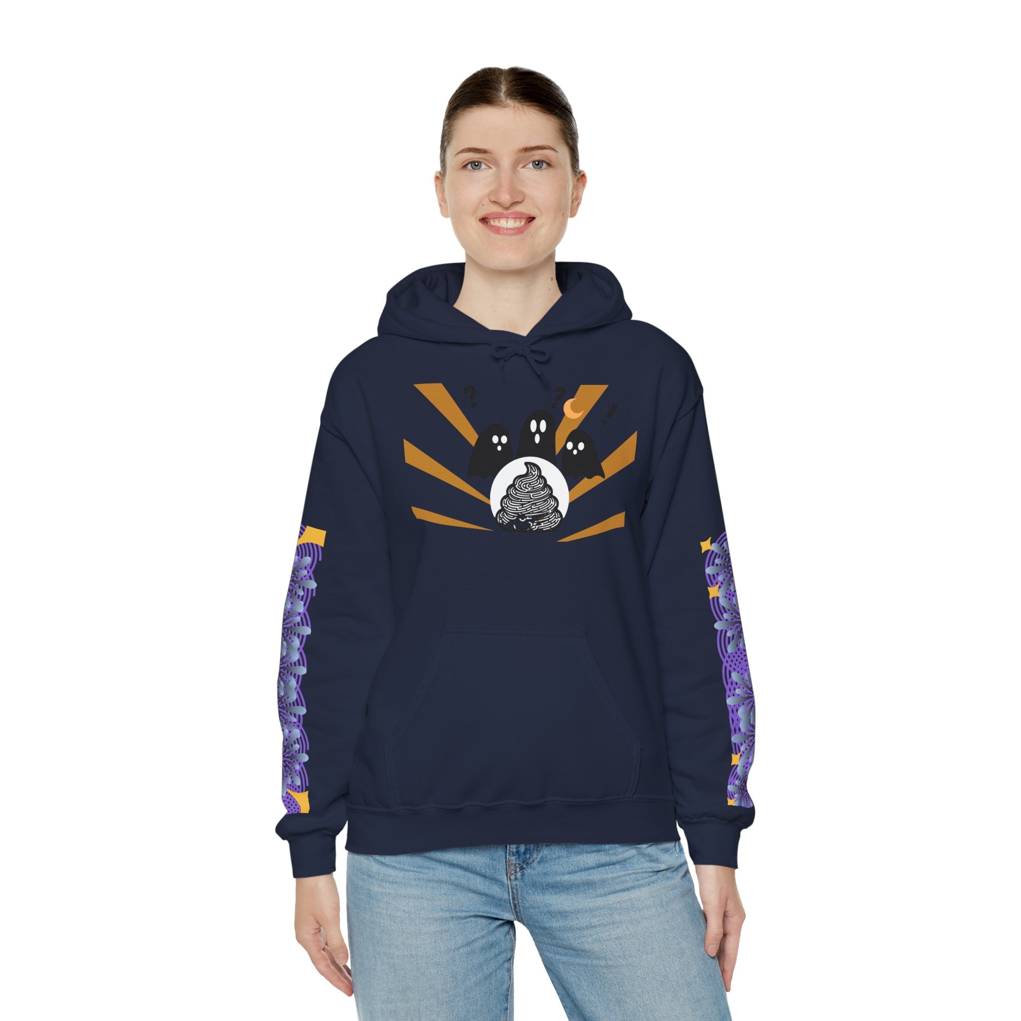 Person wearing a navy blue hoodie with a graphic design on a white background