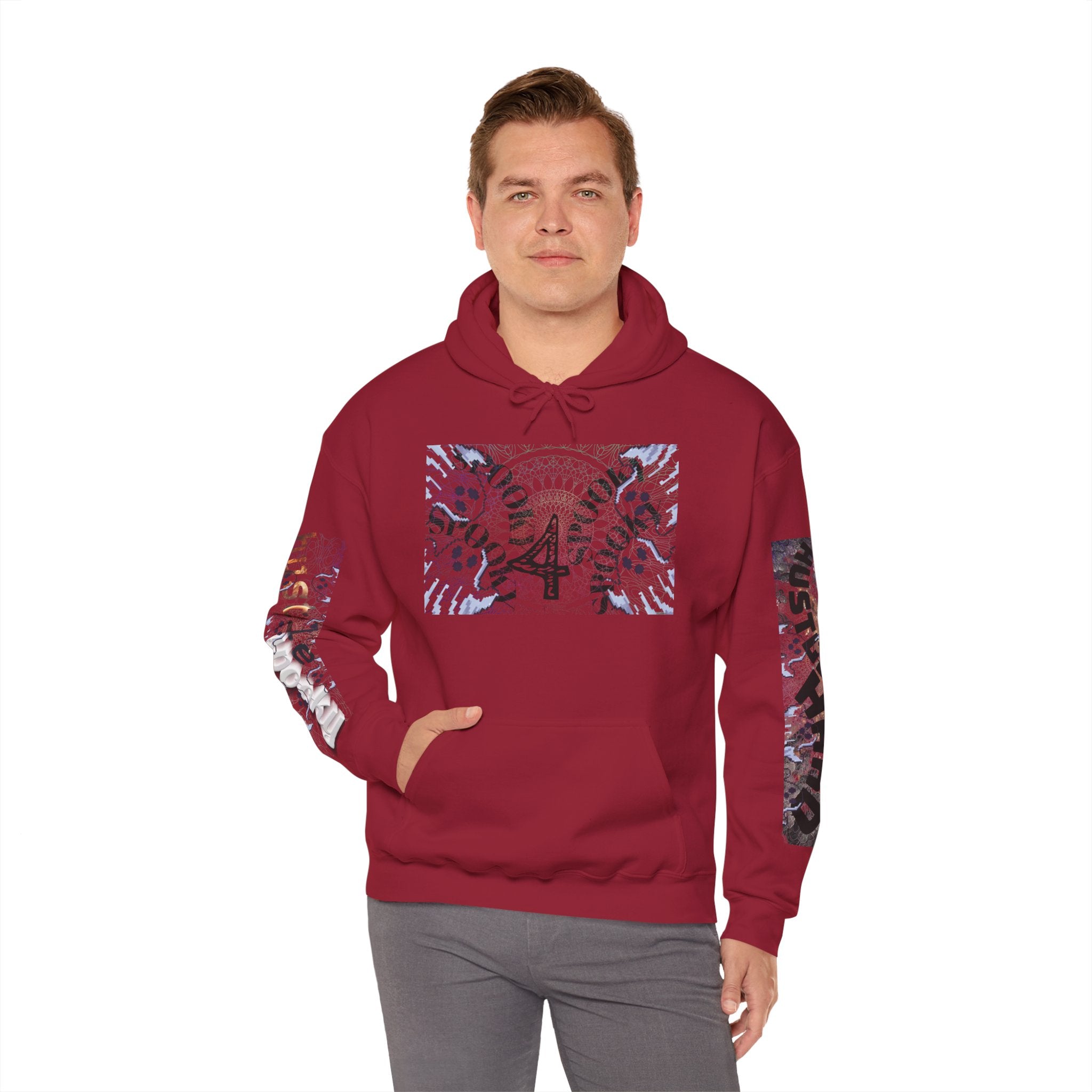 Man wearing a red hoodie with graphic design on a white background