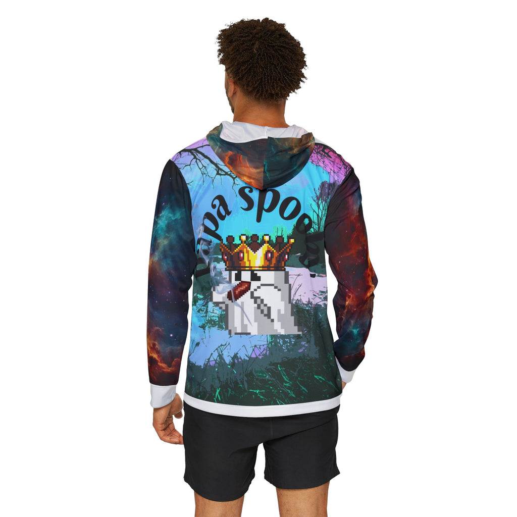 Multicolored hoodie with graphic design on the back, worn by a person.