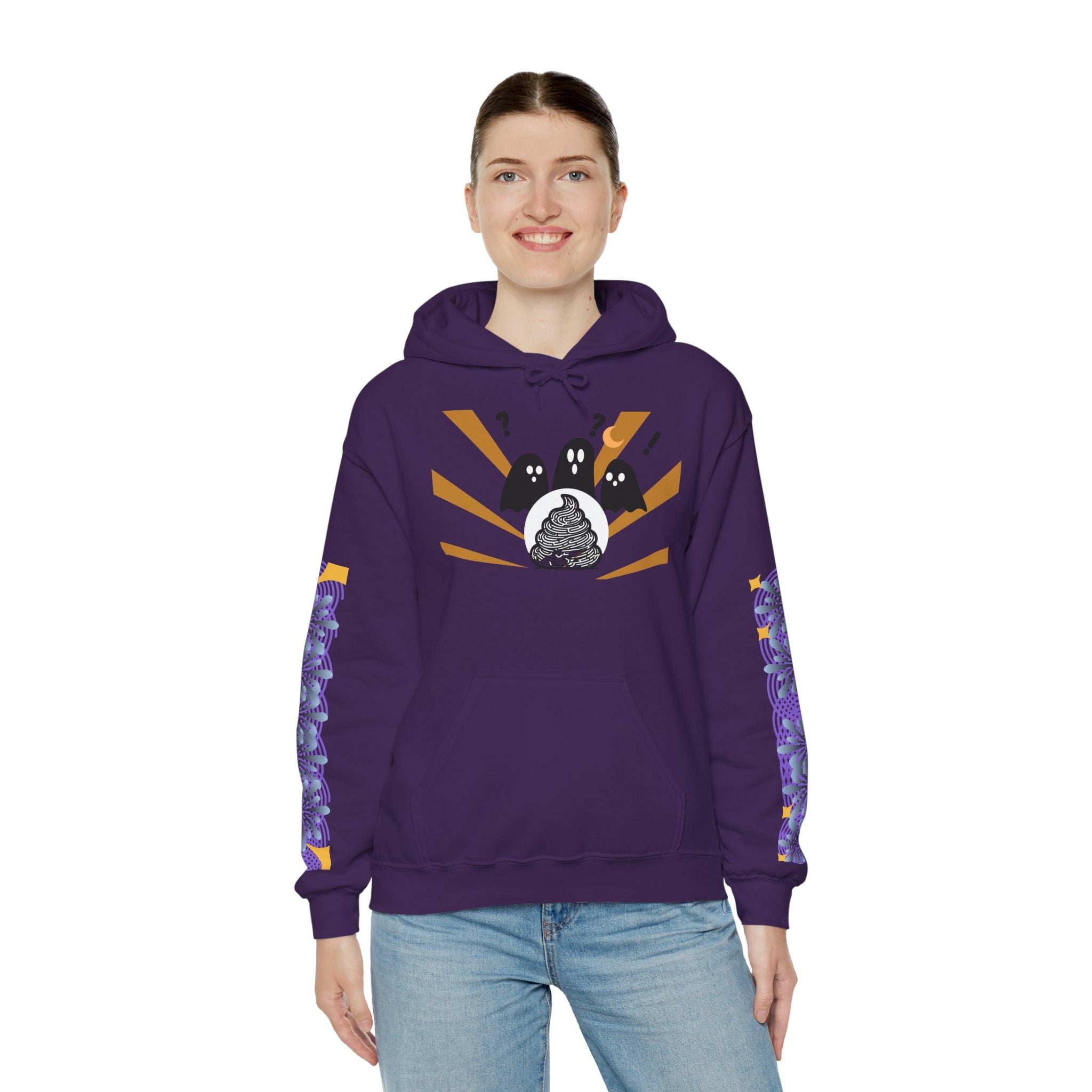 Person wearing a purple hoodie with a graphic design on a white background