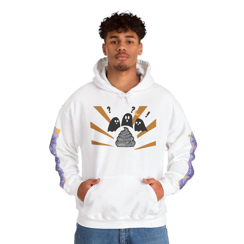 Person wearing a white hoodie with graphic design on a white background