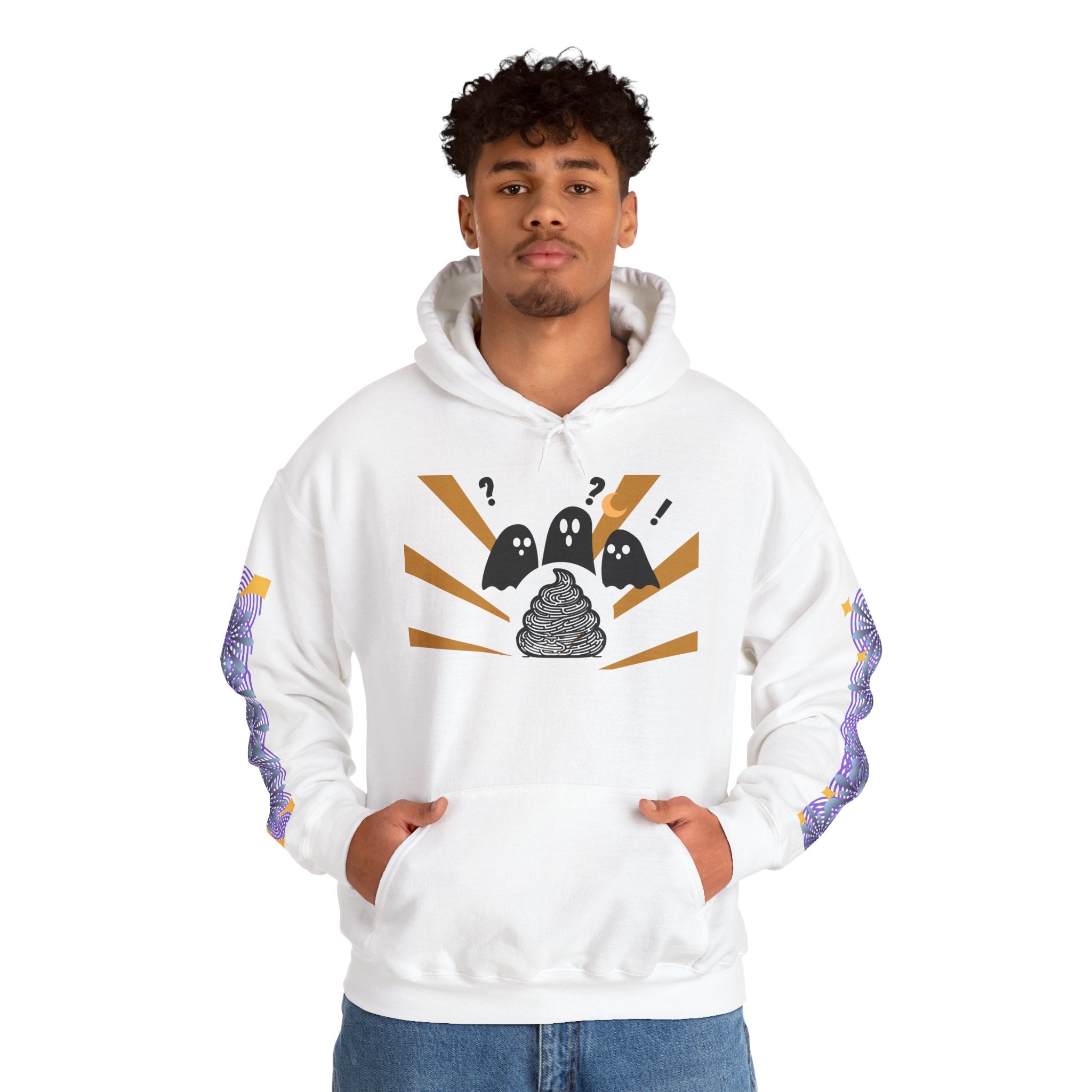 Person wearing a white hoodie with graphic design on a white background
