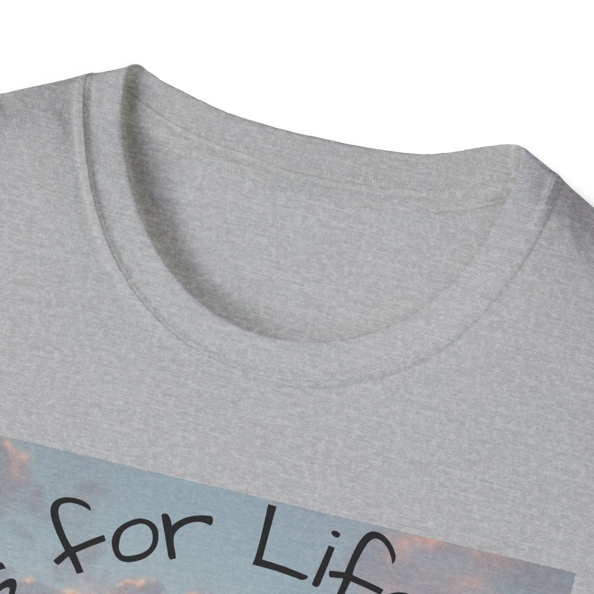 Gray t-shirt with text 'for Life' on a white background