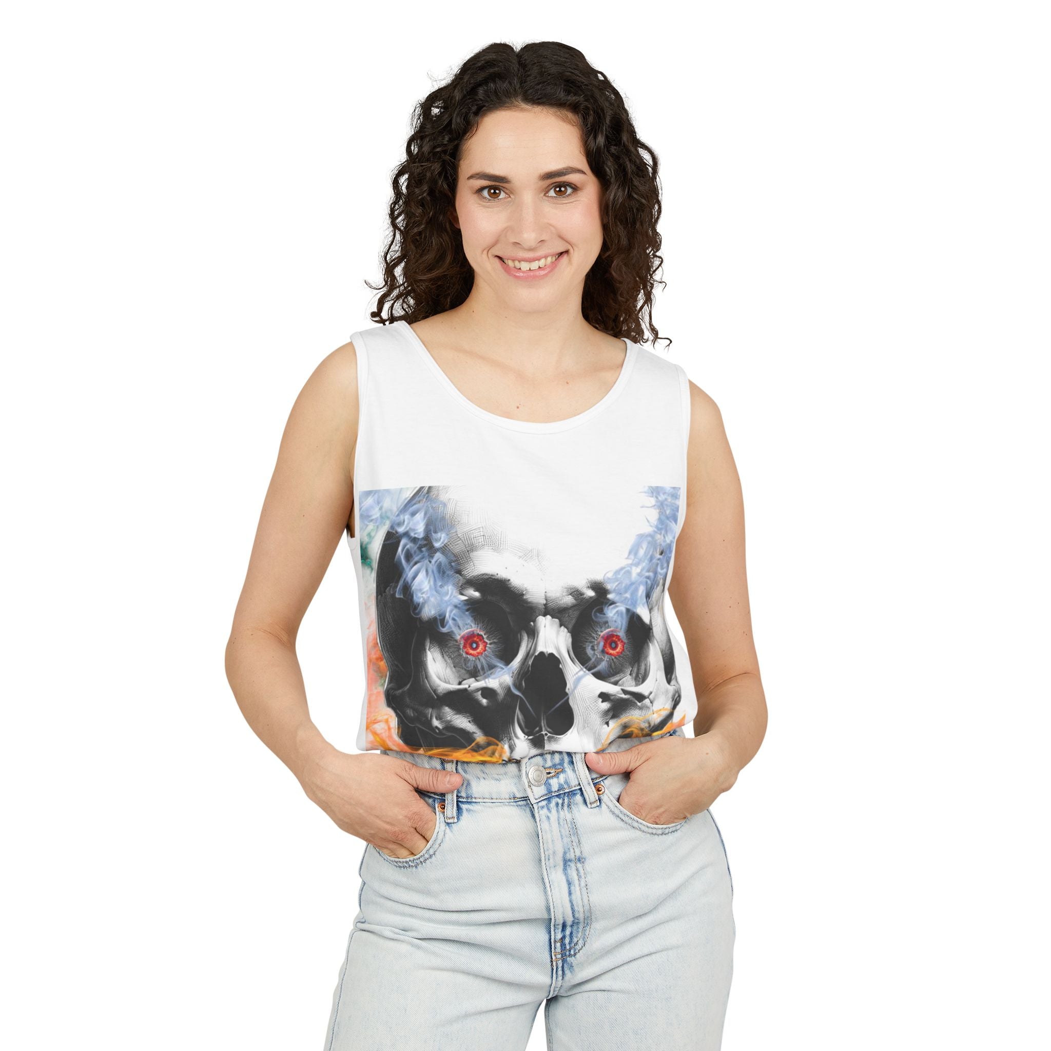 Woman wearing a sleeveless top with a graphic design on a white background