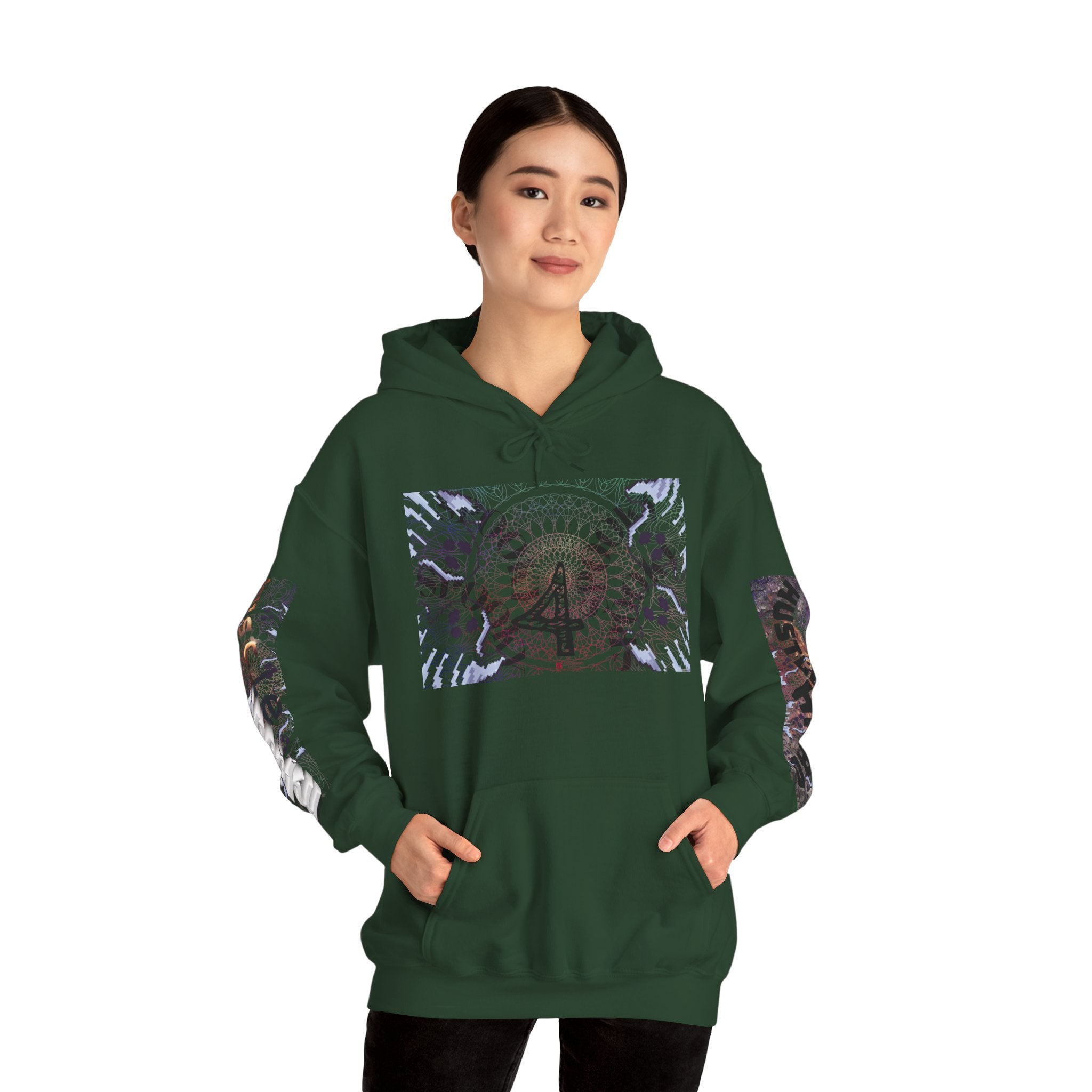 Person wearing a green hoodie with a colorful design on a white background