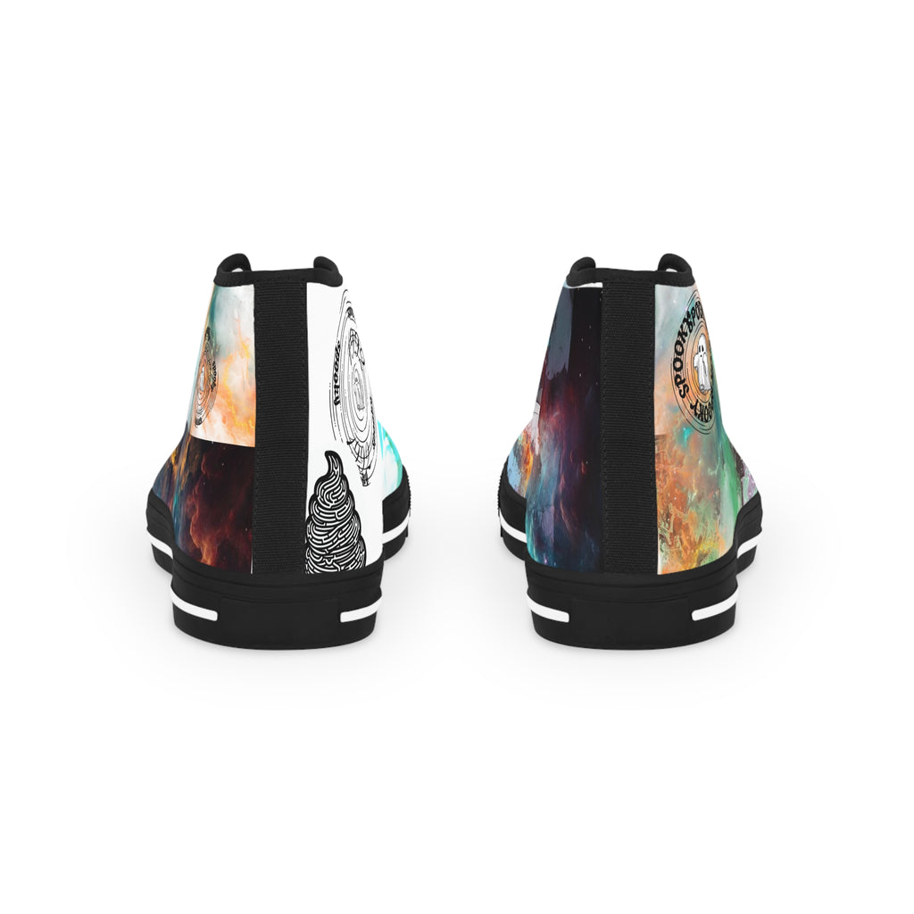 Black high-top sneakers with colorful abstract designs on a white background