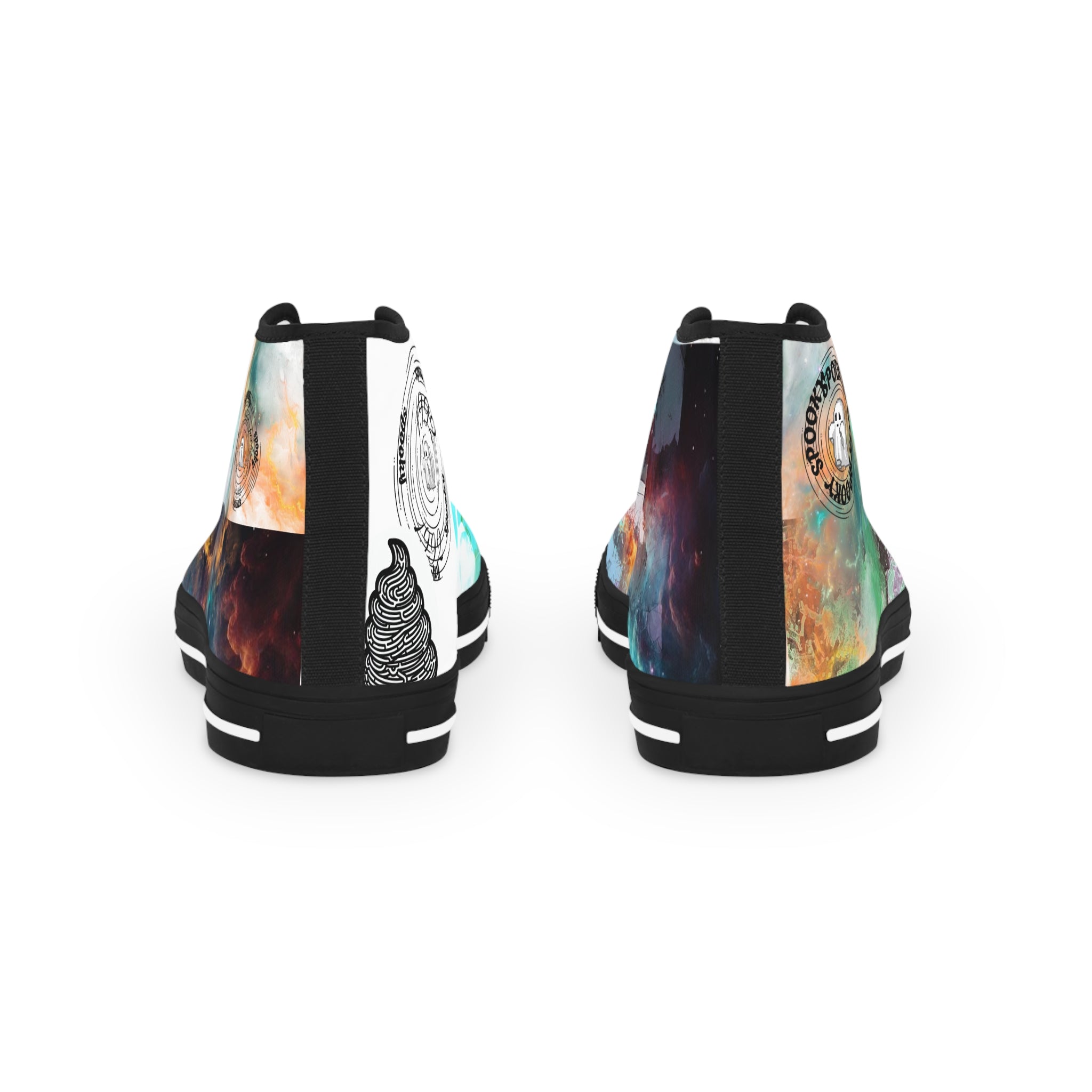 Black high-top sneakers with colorful abstract designs on a white background