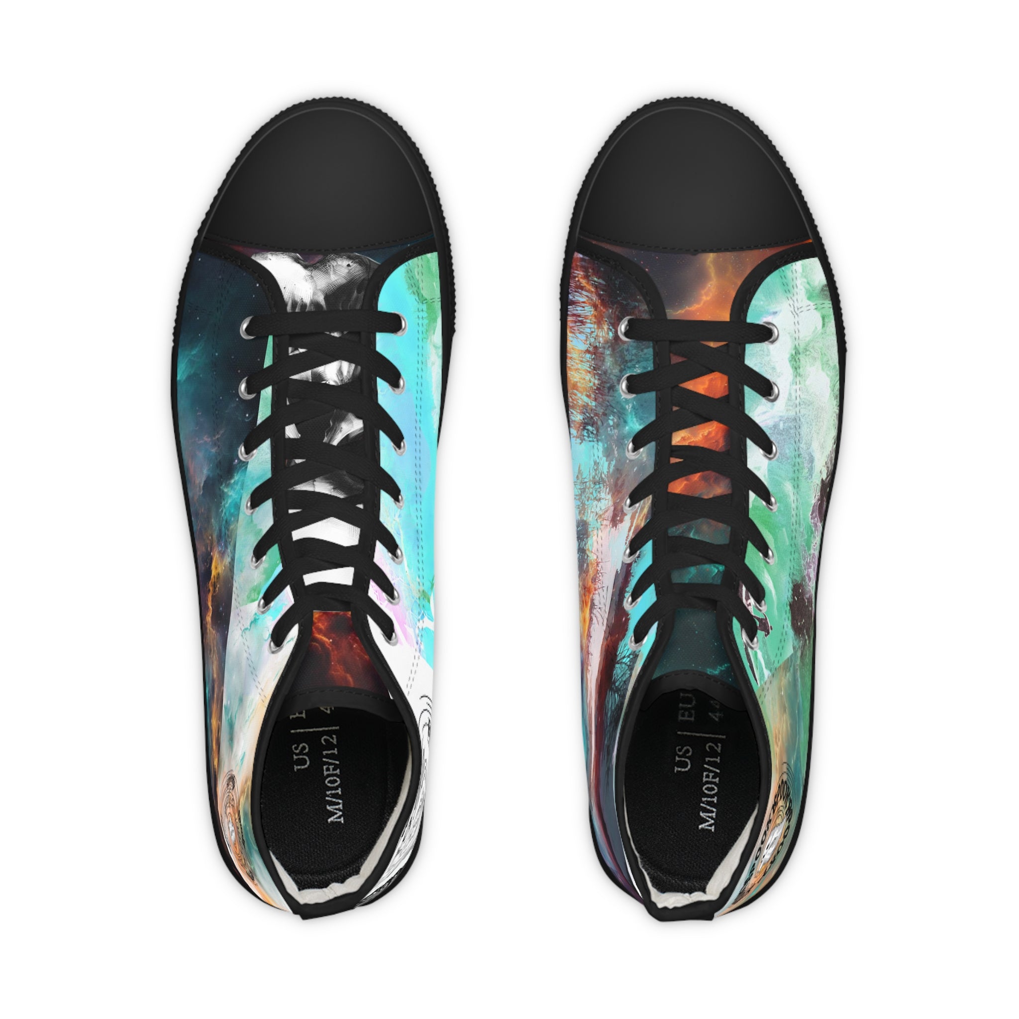 Pair of sneakers with a colorful abstract design on a white background