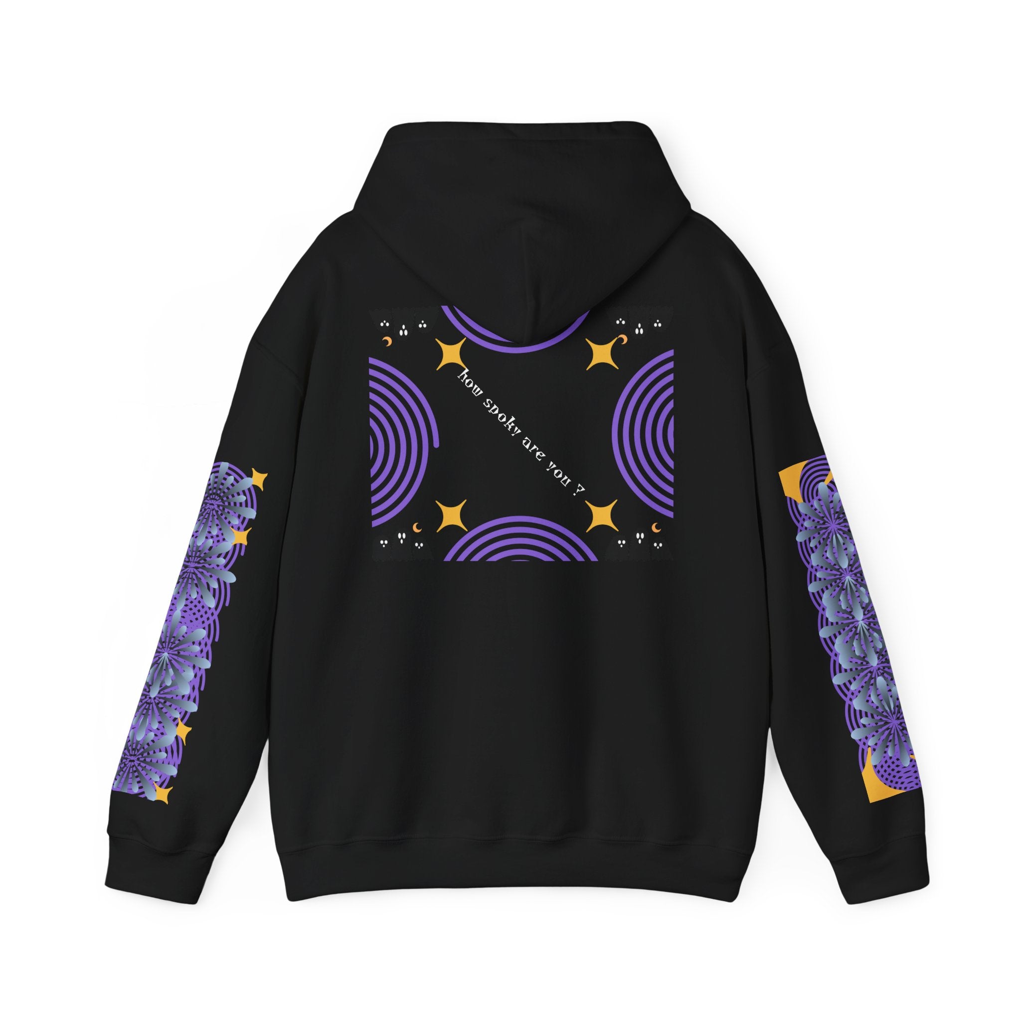 Black hoodie with purple and yellow designs on a white background