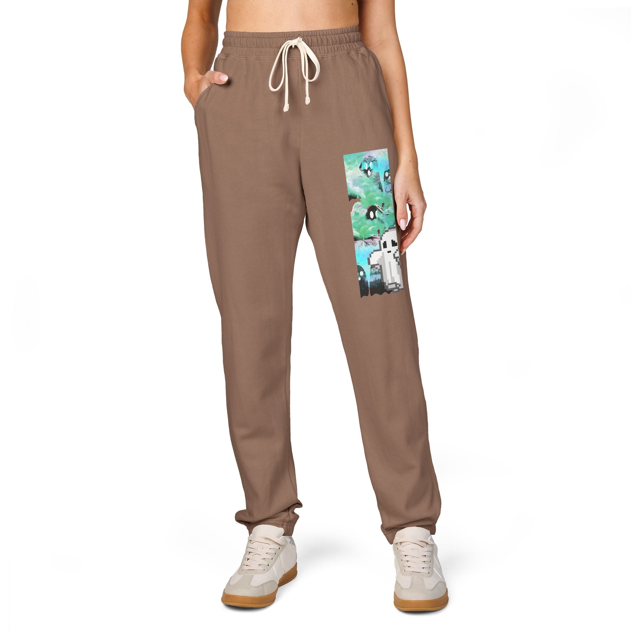 Brown sweatpants with a small graphic on a white background