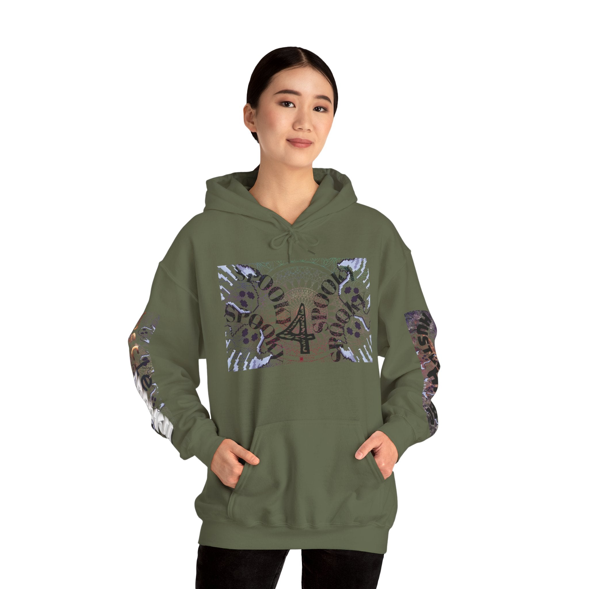 Person wearing a green hoodie with leopard print sleeves and chest design on a white background