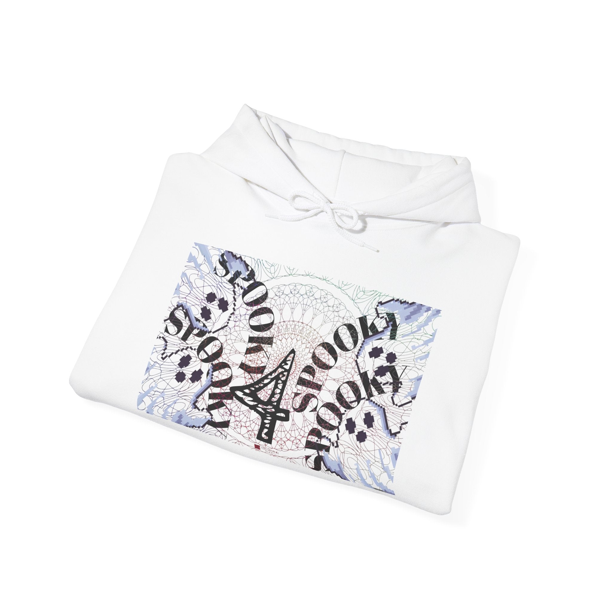 White hoodie with colorful graphic design on a white background