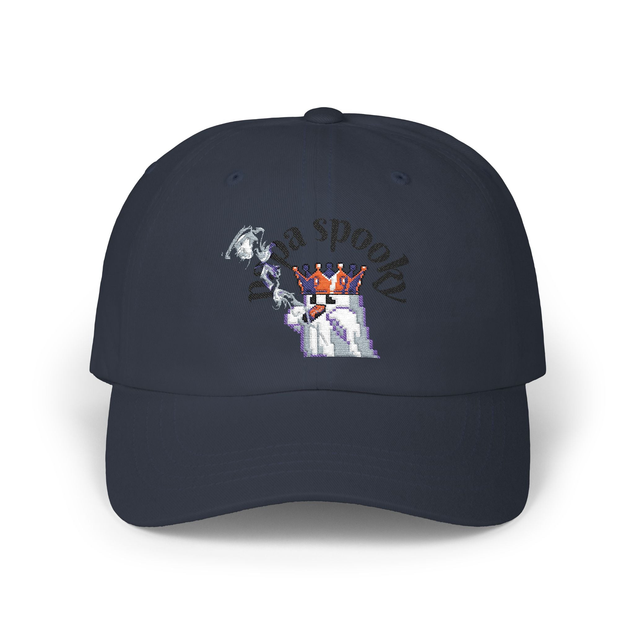 Navy blue cap with a graphic design on a white background
