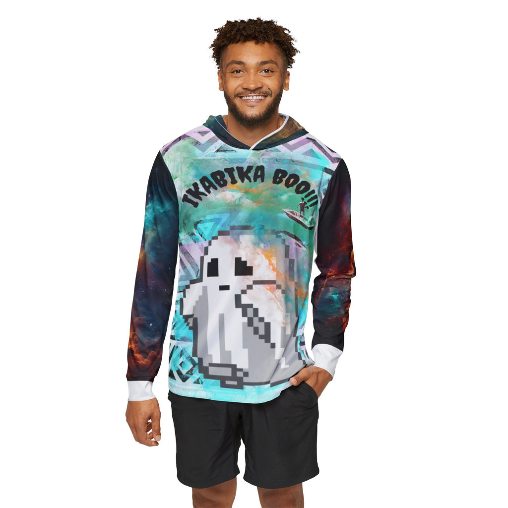 Man wearing a colorful long-sleeve shirt with a graphic design on a white background