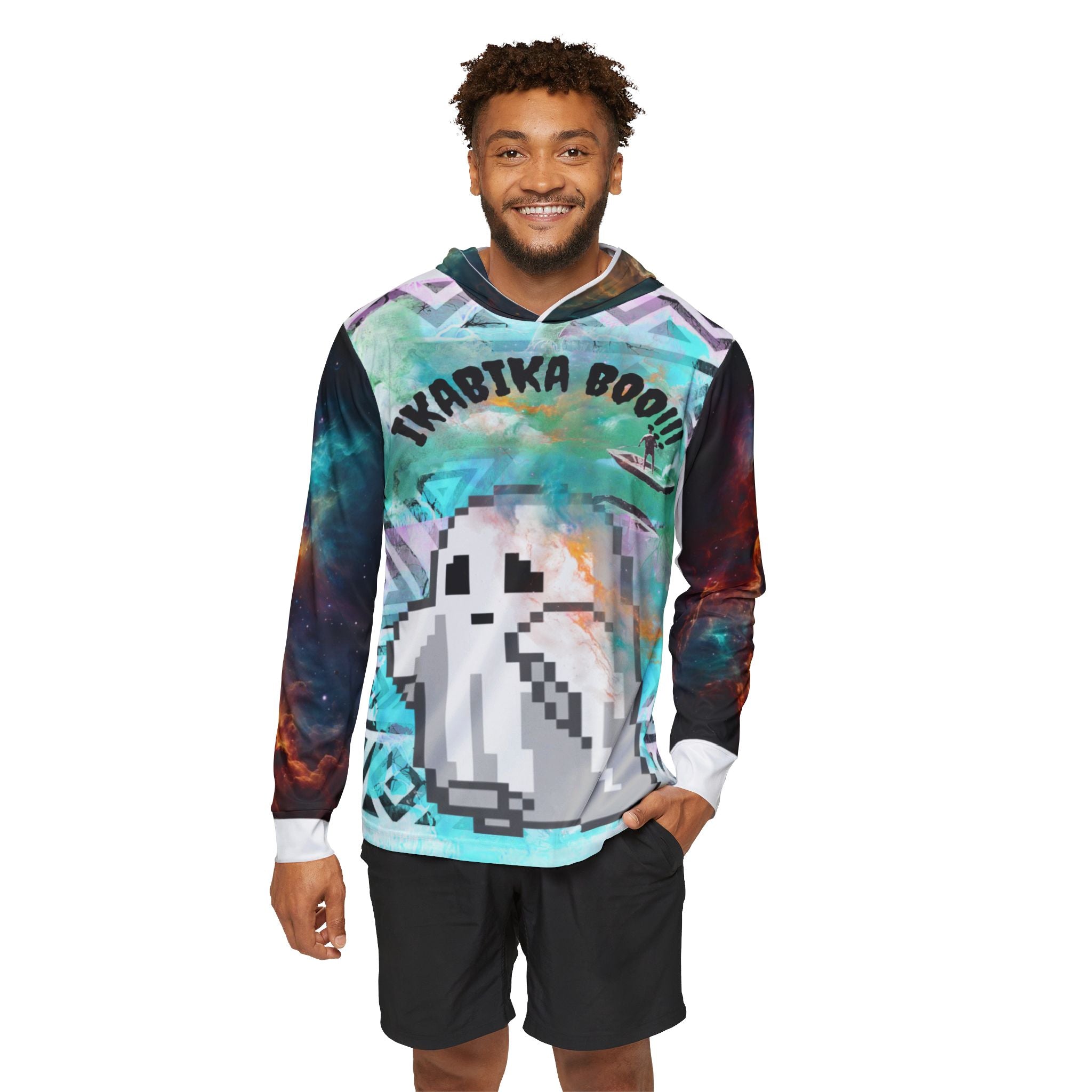 Man wearing a colorful long-sleeve shirt with a graphic design on a white background
