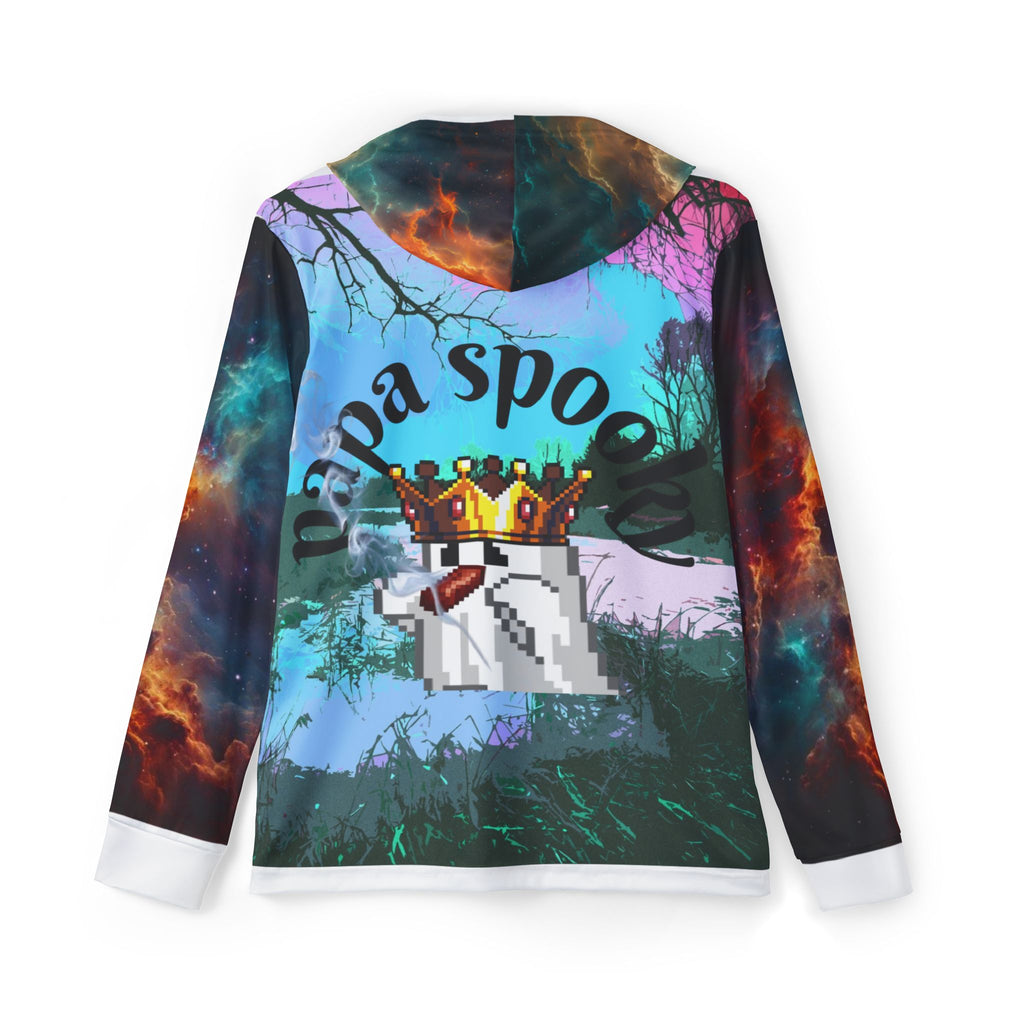 Colorful hoodie with graphic design and text on a white background